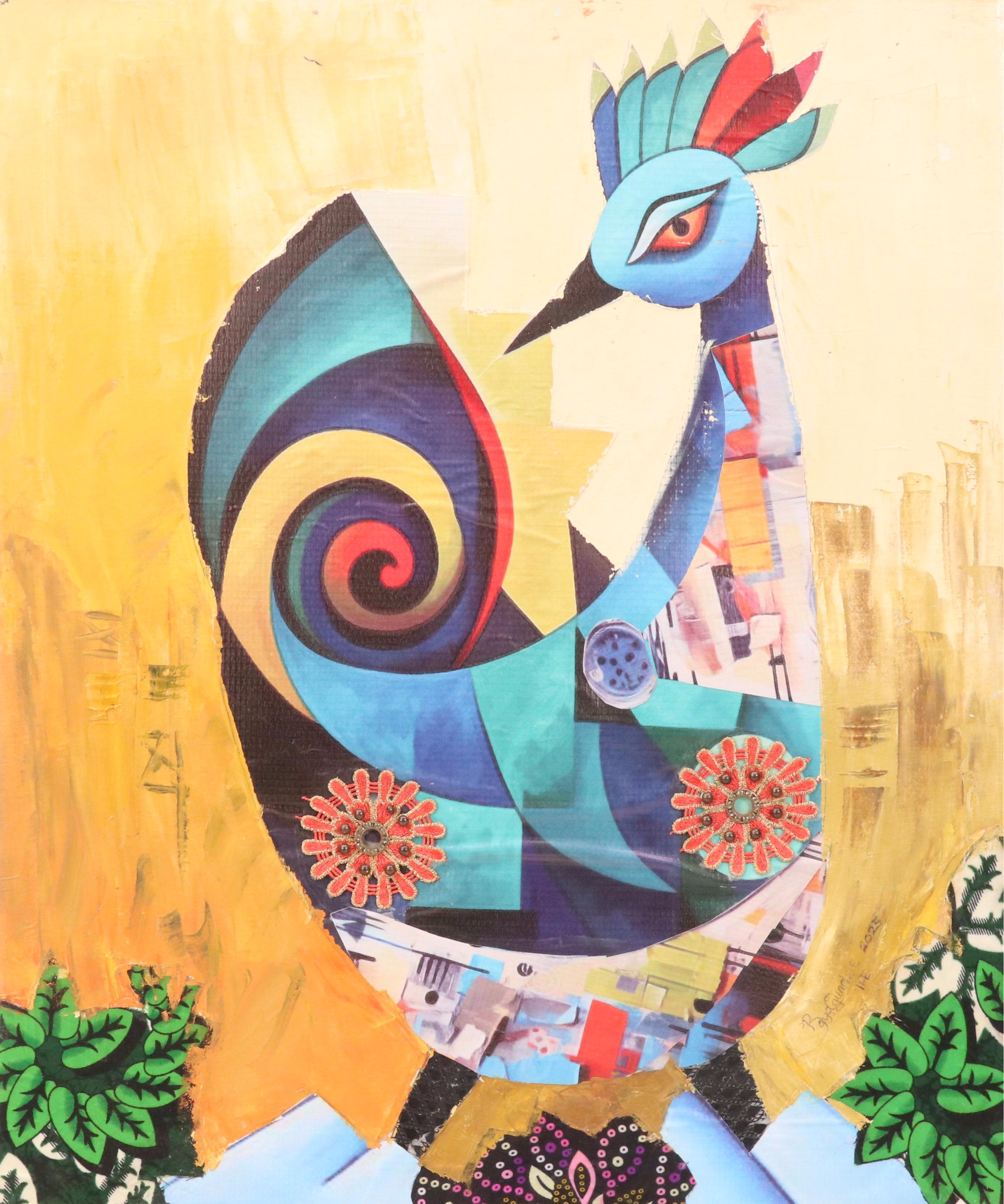 Bayo Ogundele Stylized Mixed Media Collage of Peacock "Eye Okin II," 2025