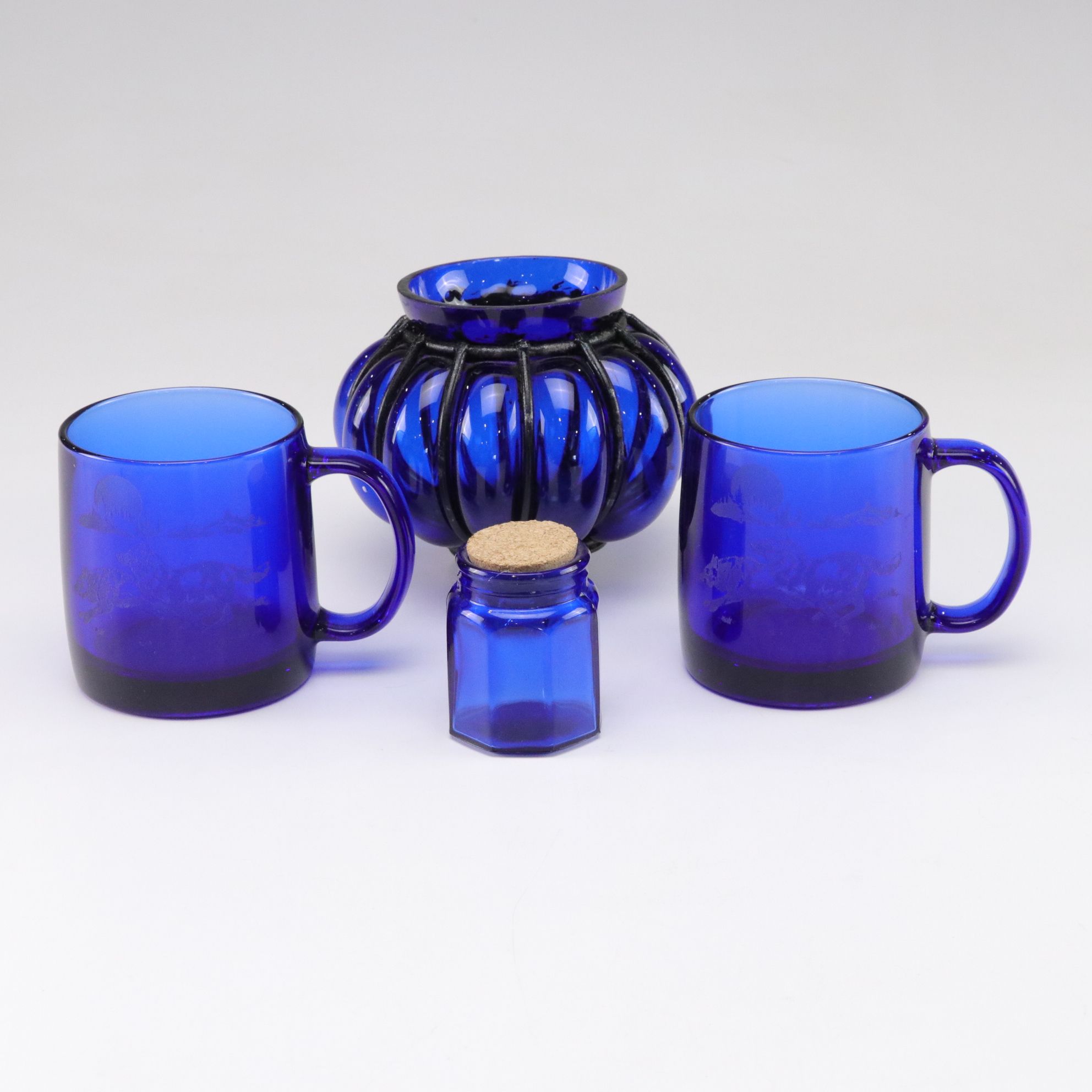 Arcoroc Cobalt Etched Glass "Running Wolf" Mugs with Blown Glass Lantern & Jar