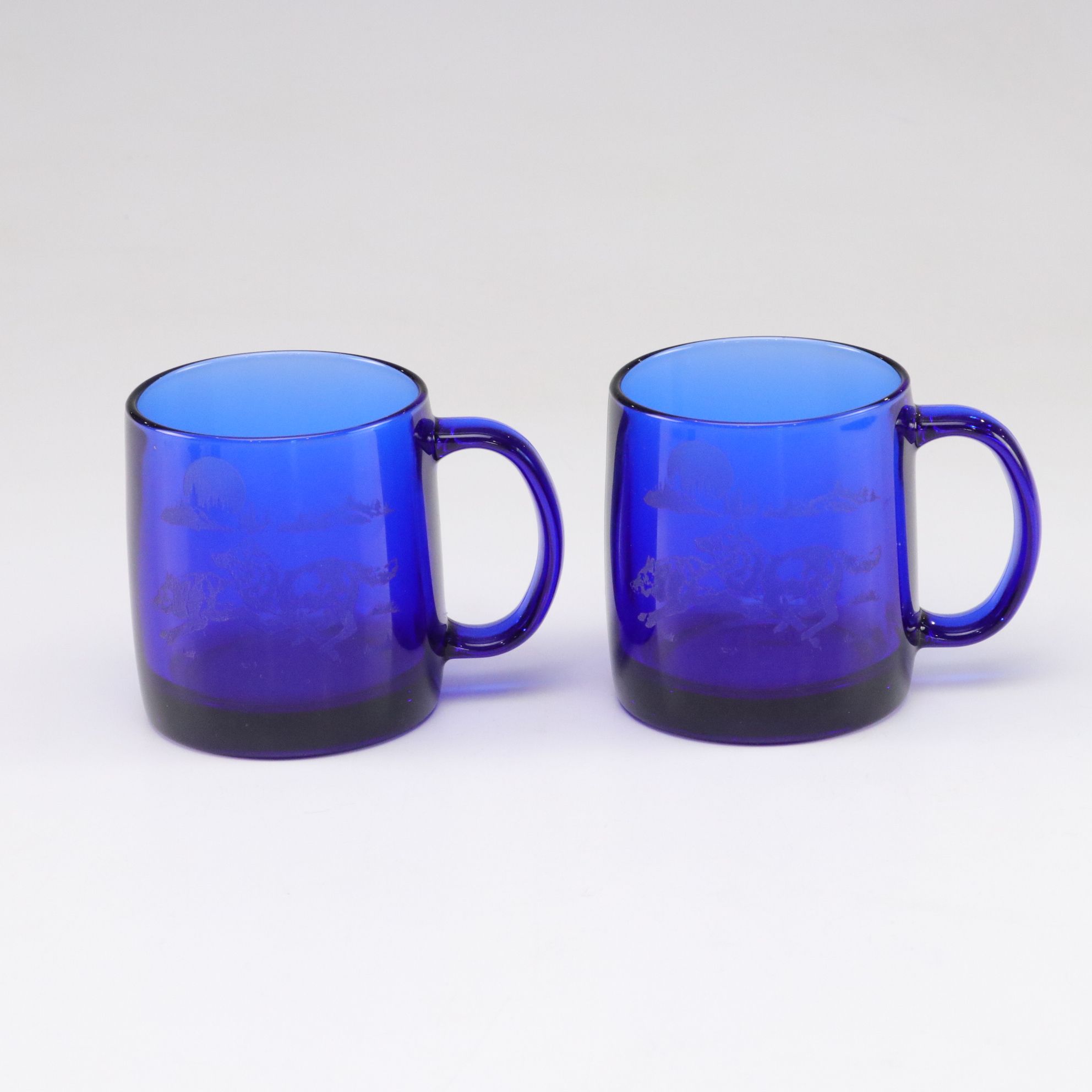 Arcoroc Cobalt Etched Glass "Running Wolf" Mugs with Blown Glass Lantern & Jar