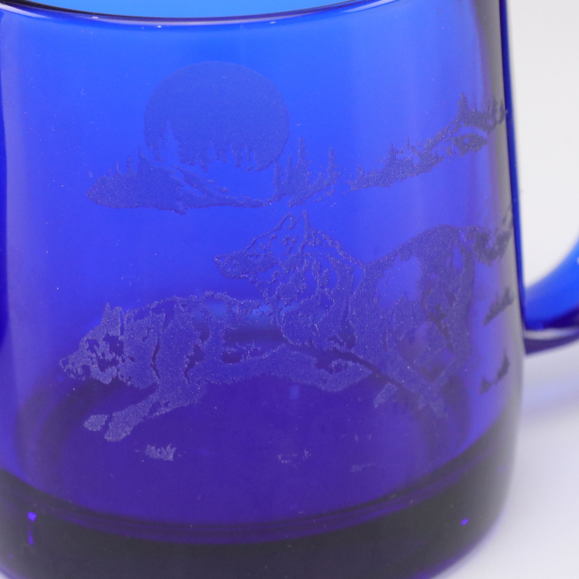 Arcoroc Cobalt Etched Glass "Running Wolf" Mugs with Blown Glass Lantern & Jar