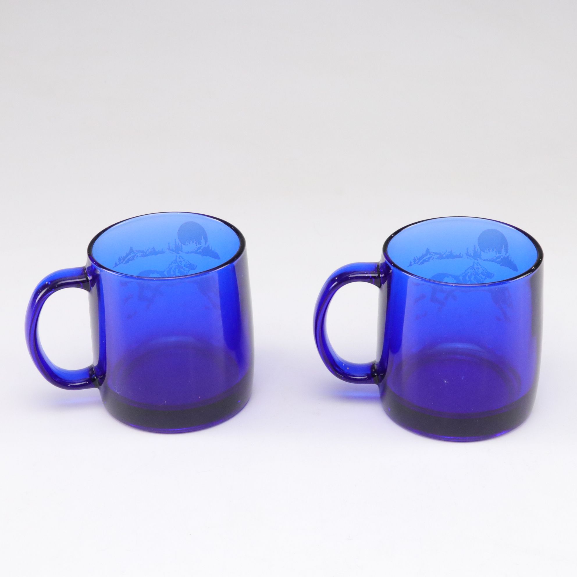 Arcoroc Cobalt Etched Glass "Running Wolf" Mugs with Blown Glass Lantern & Jar