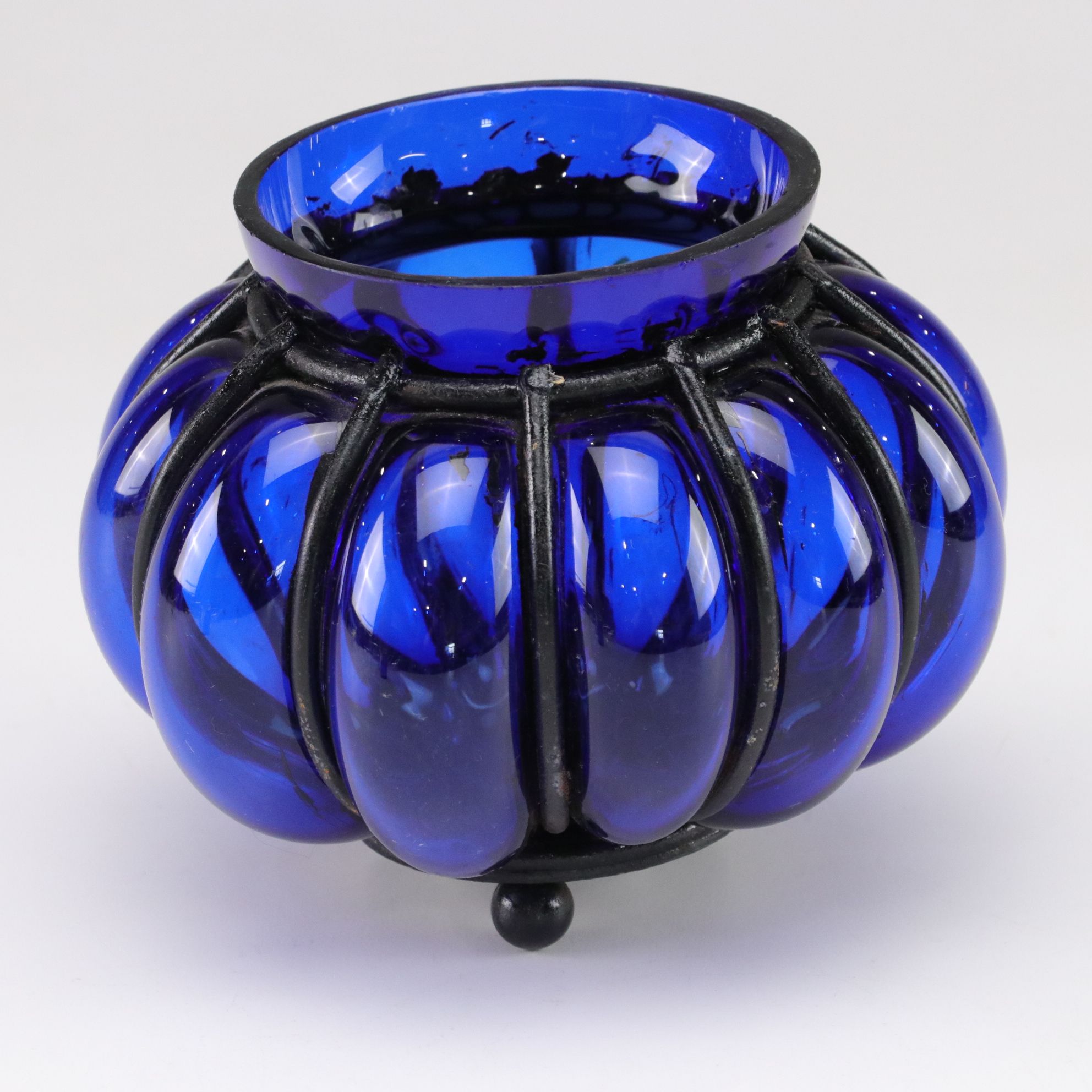 Arcoroc Cobalt Etched Glass "Running Wolf" Mugs with Blown Glass Lantern & Jar