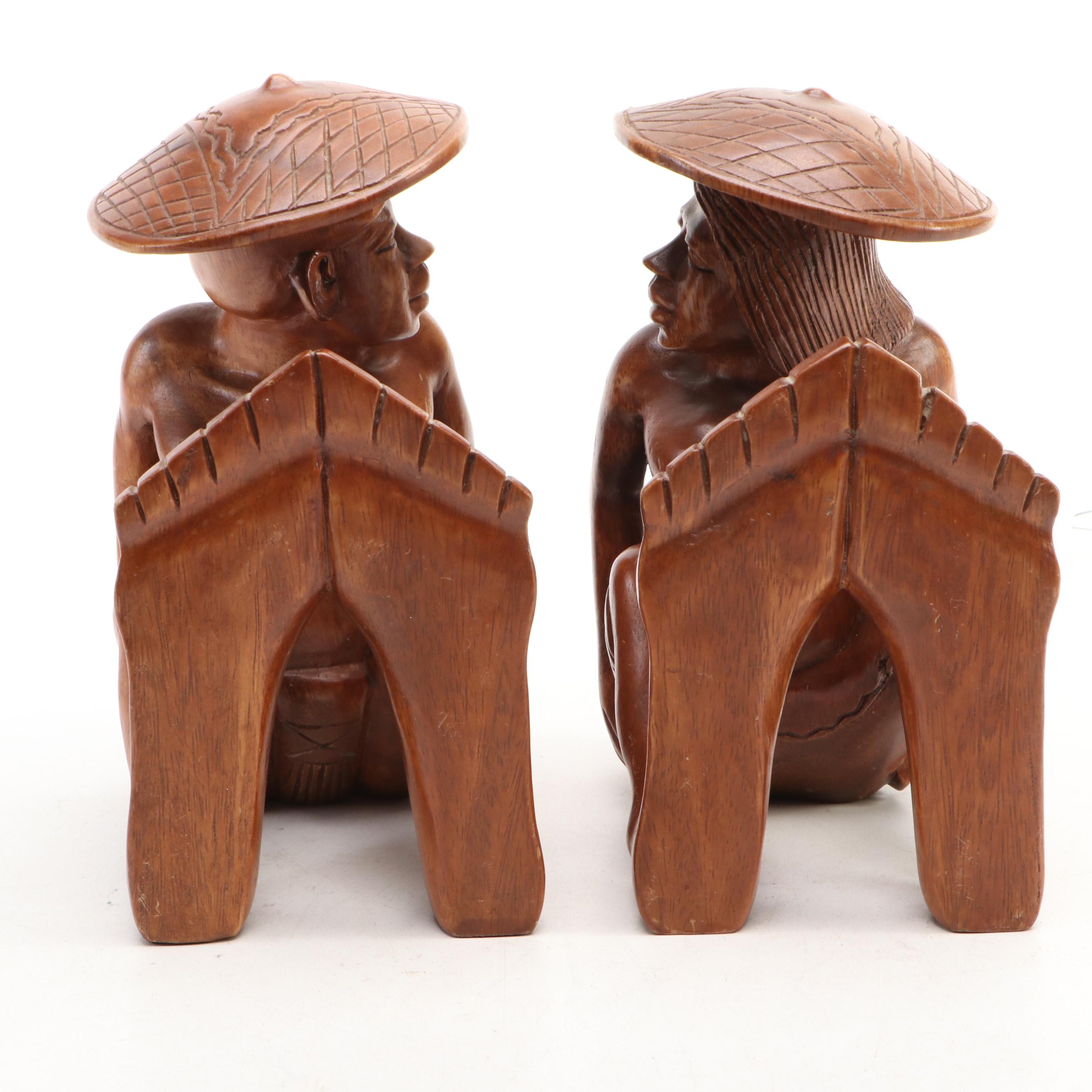 Polynesian Style Hand-Carved Wooden Bookends with Mexican Folk Art Bowl