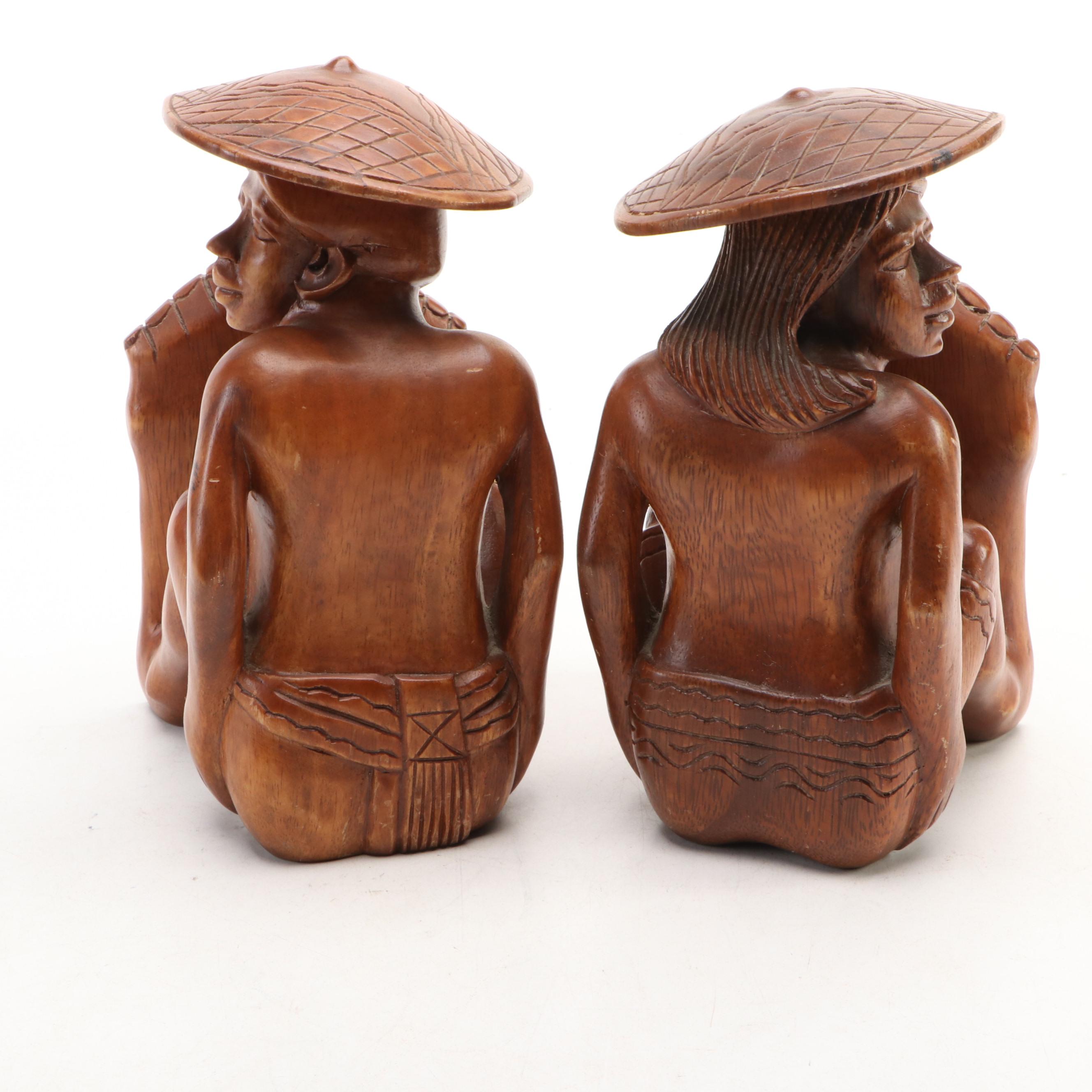 Polynesian Style Hand-Carved Wooden Bookends with Mexican Folk Art Bowl