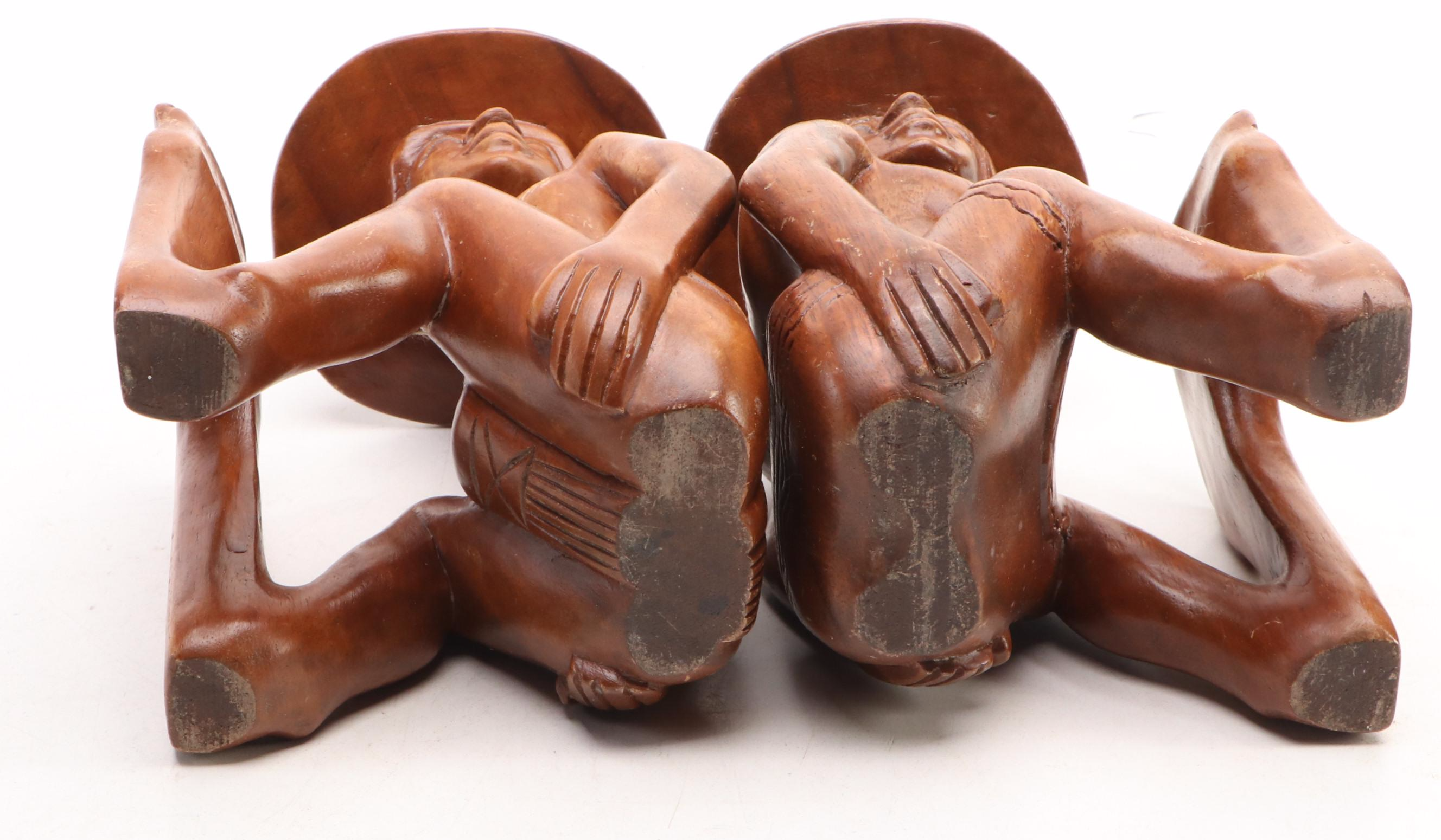 Polynesian Style Hand-Carved Wooden Bookends with Mexican Folk Art Bowl