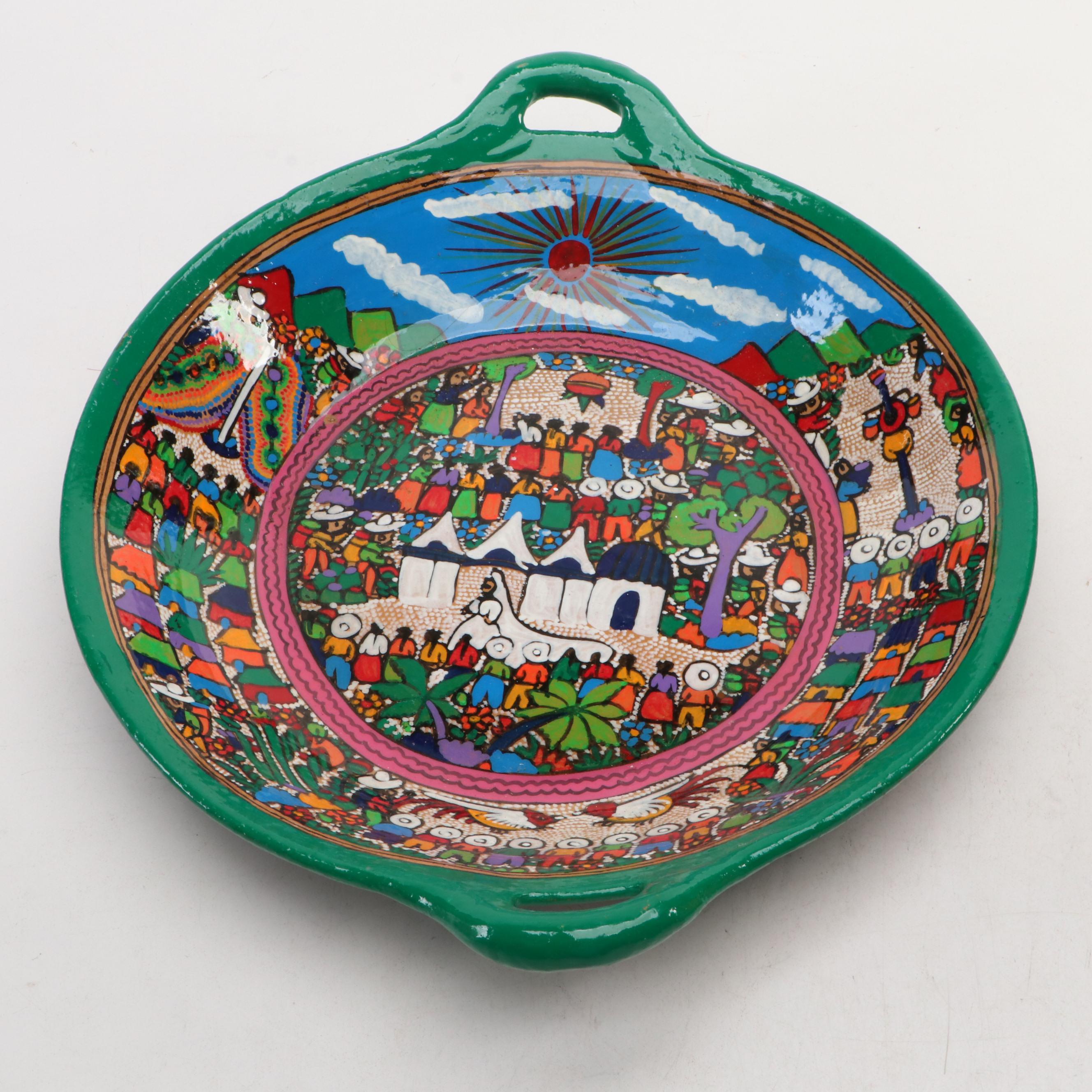 Polynesian Style Hand-Carved Wooden Bookends with Mexican Folk Art Bowl