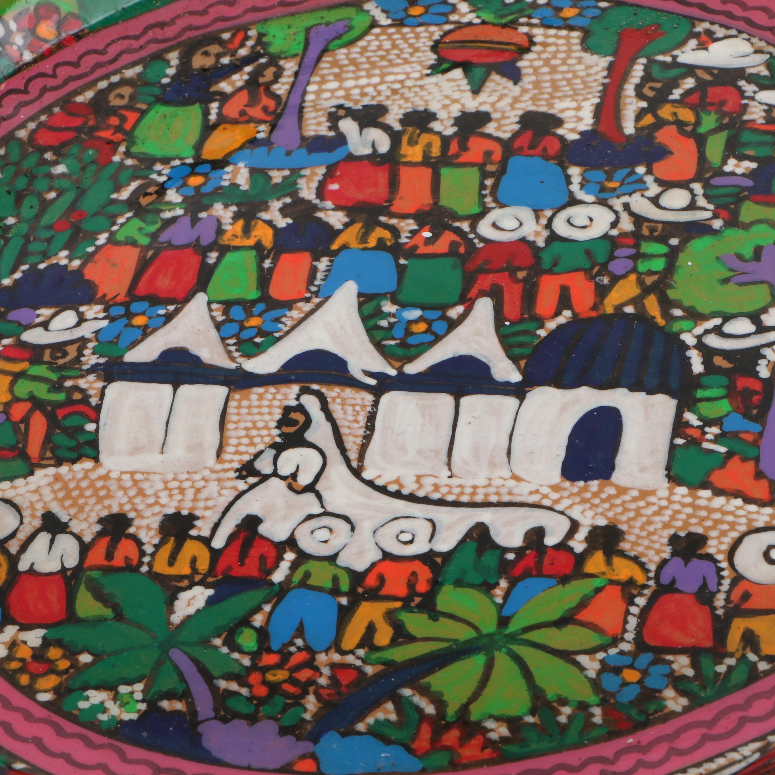 Polynesian Style Hand-Carved Wooden Bookends with Mexican Folk Art Bowl