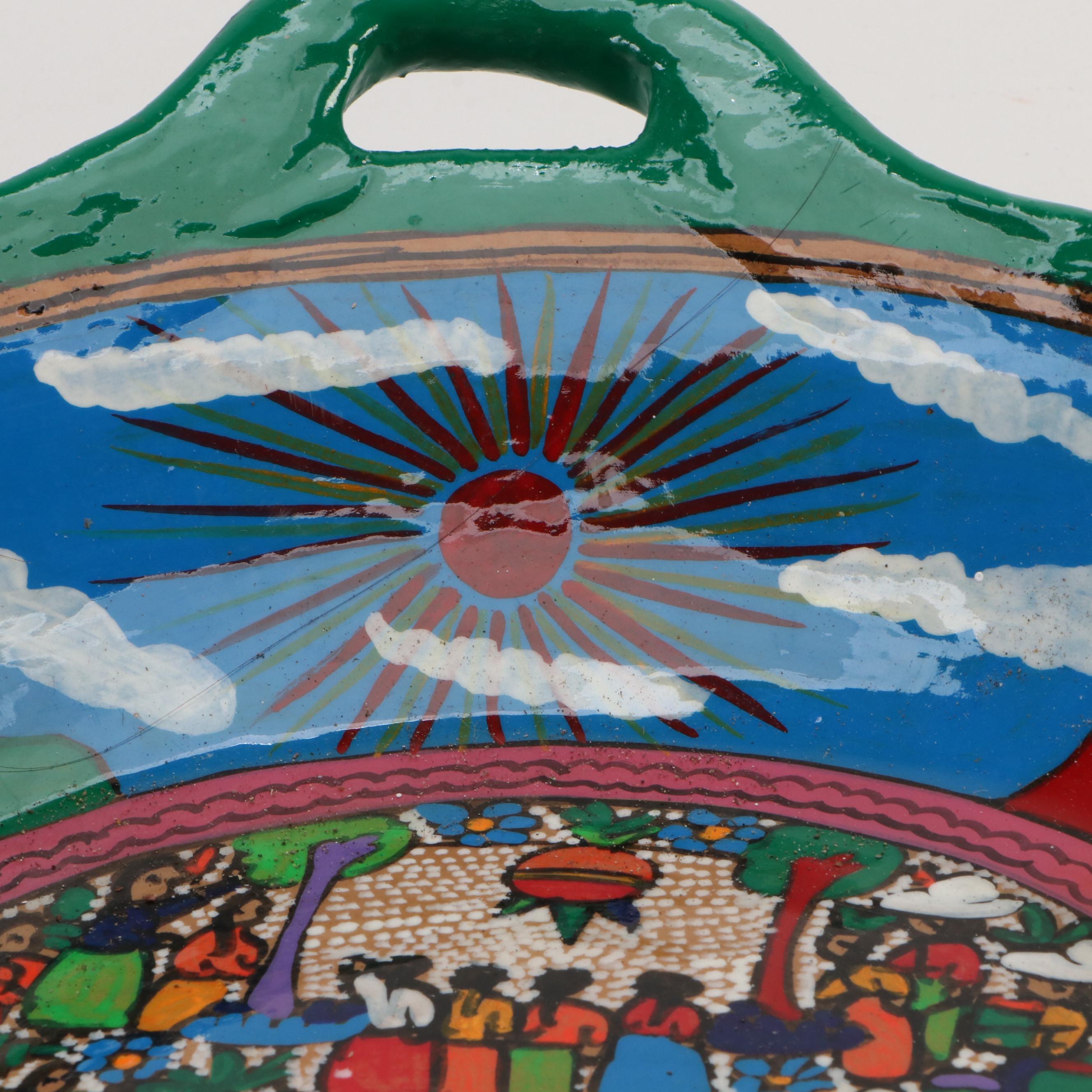 Polynesian Style Hand-Carved Wooden Bookends with Mexican Folk Art Bowl