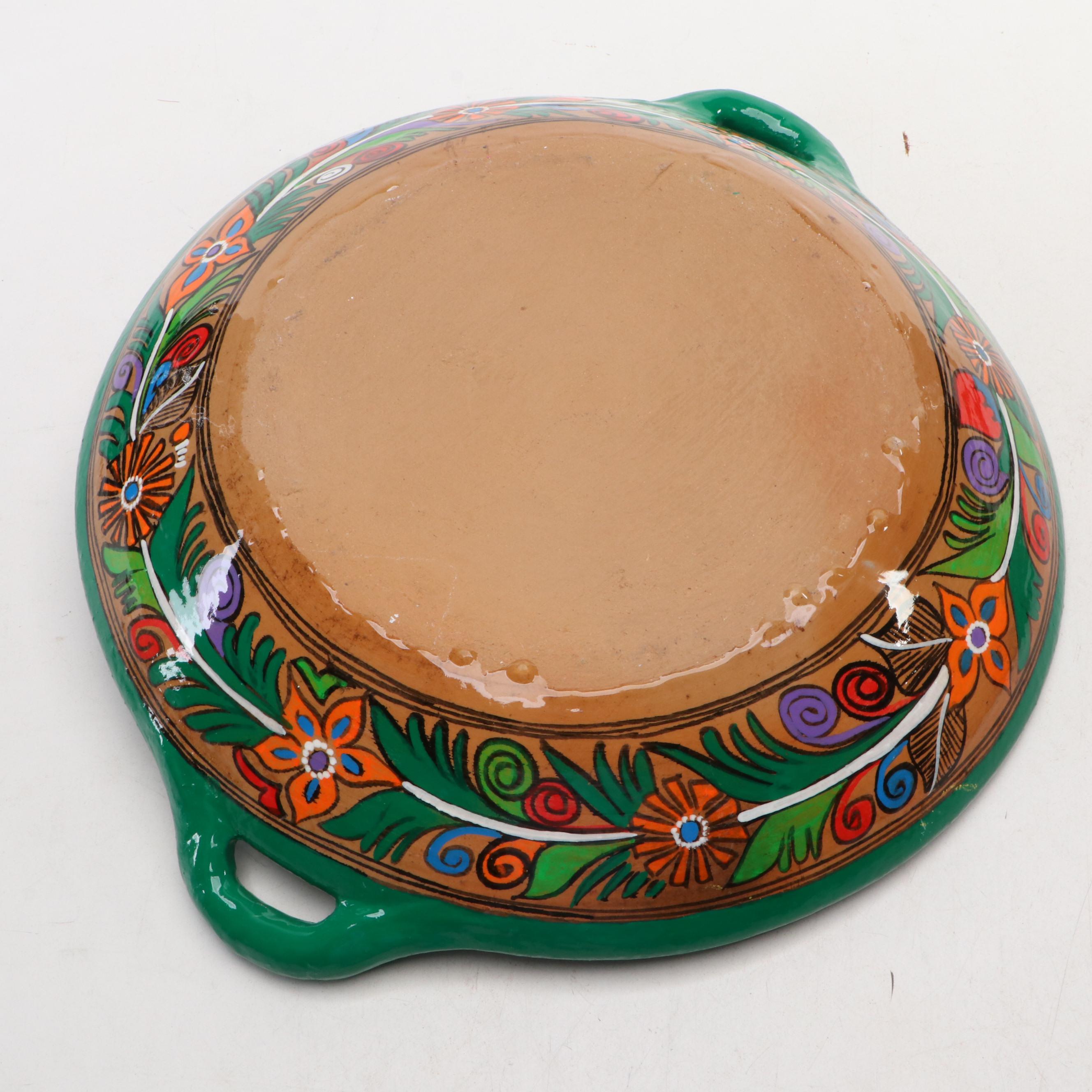 Polynesian Style Hand-Carved Wooden Bookends with Mexican Folk Art Bowl