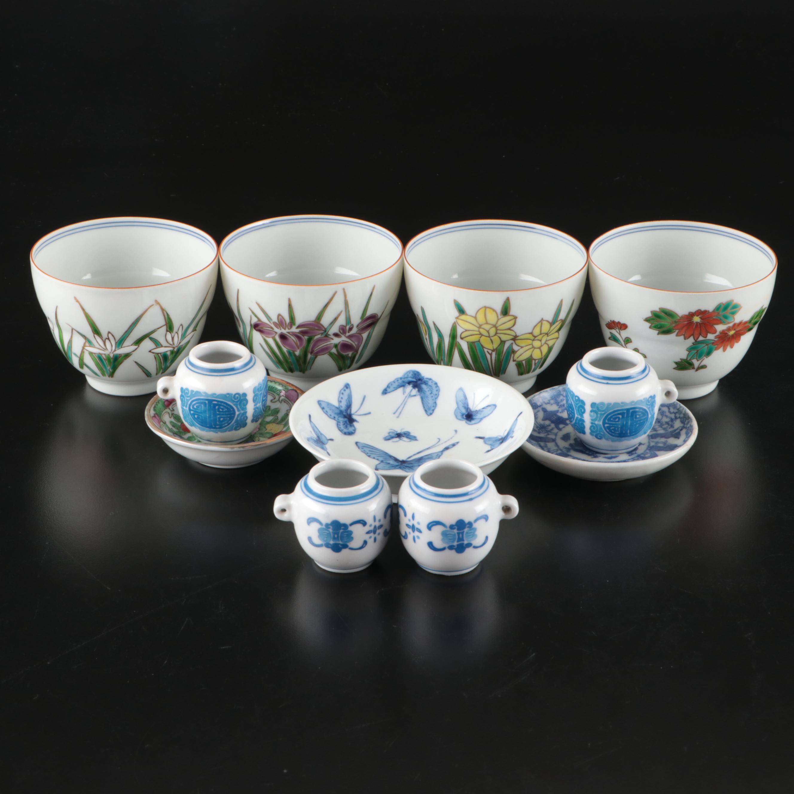 East Asian Style Porcelain Teacups, Bird Cups and Sauce Bowls