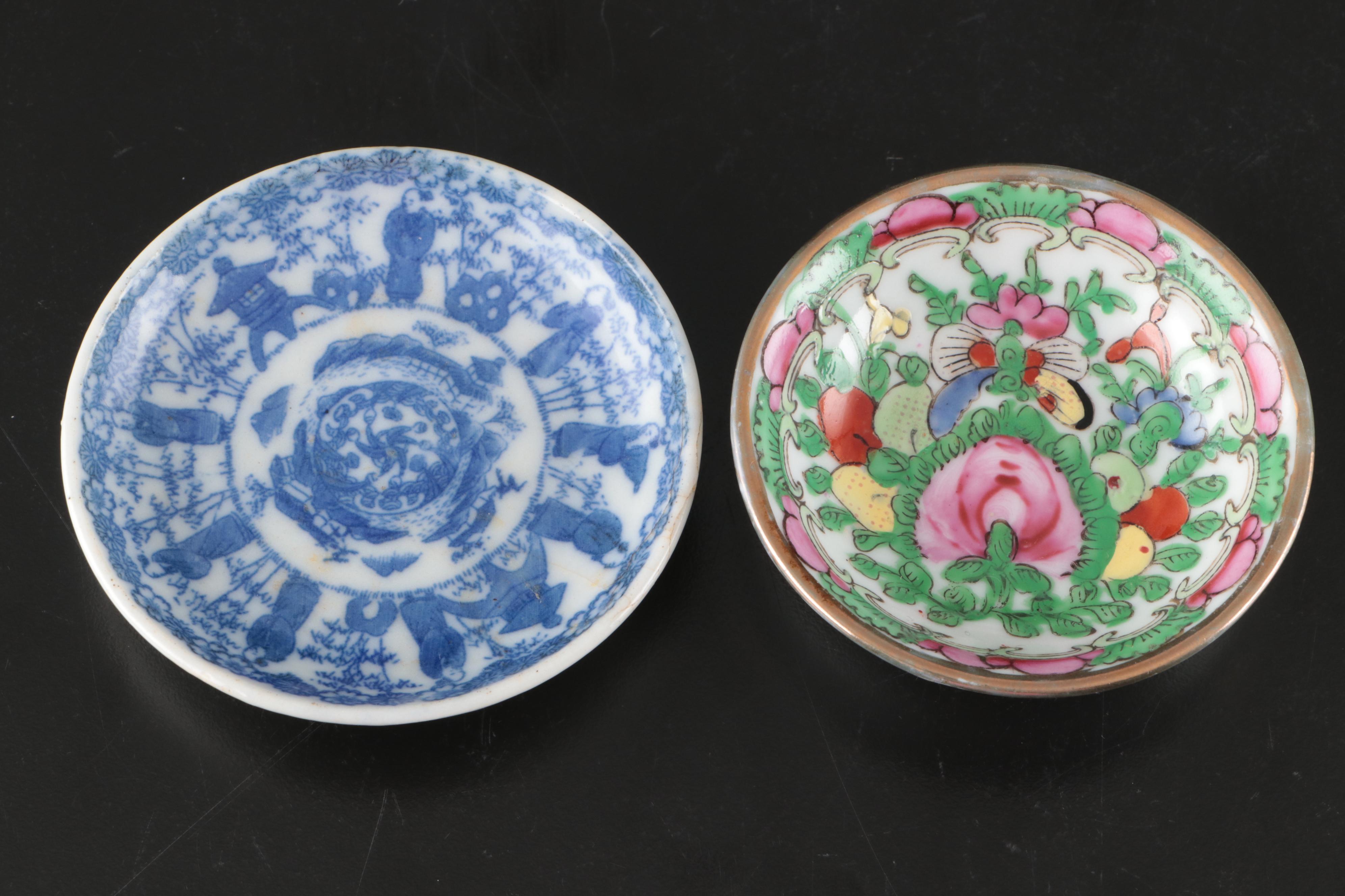 East Asian Style Porcelain Teacups, Bird Cups and Sauce Bowls