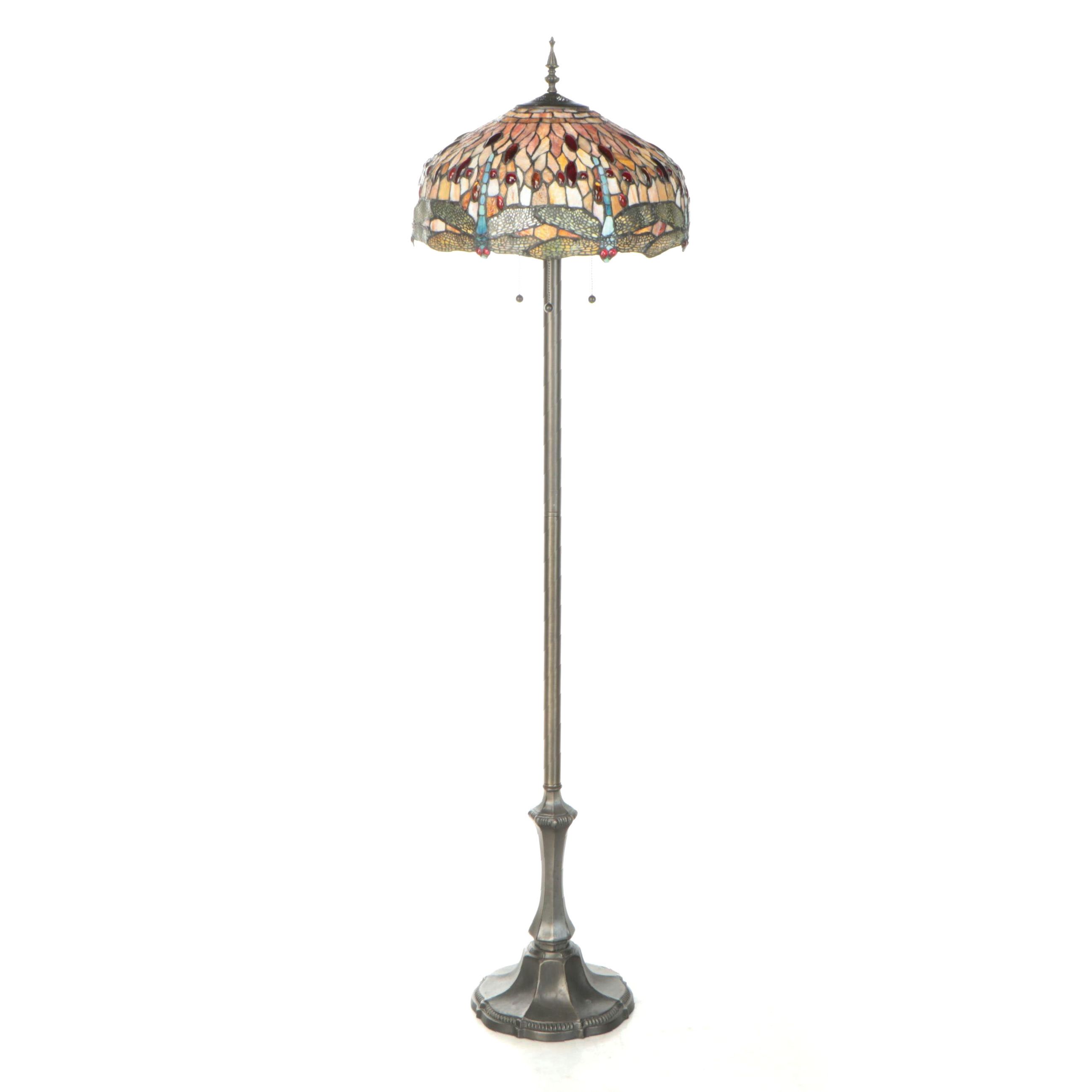 Art Nouveau Style Dragonflies Slag Glass and Pewter Finish Floor Lamp