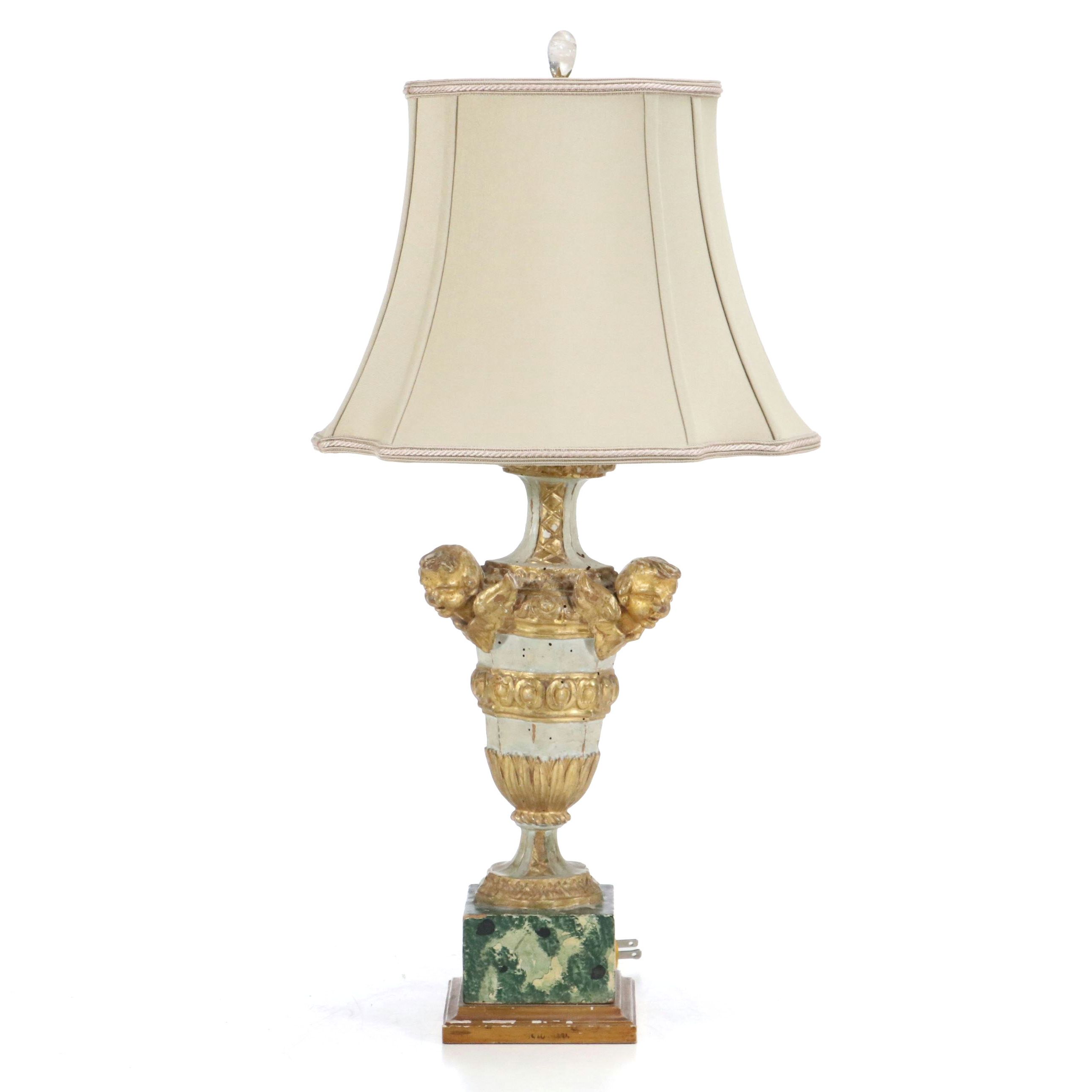 Pair of Continental Style Baluster Form Console Lamps & Silk Cut Corner Shades