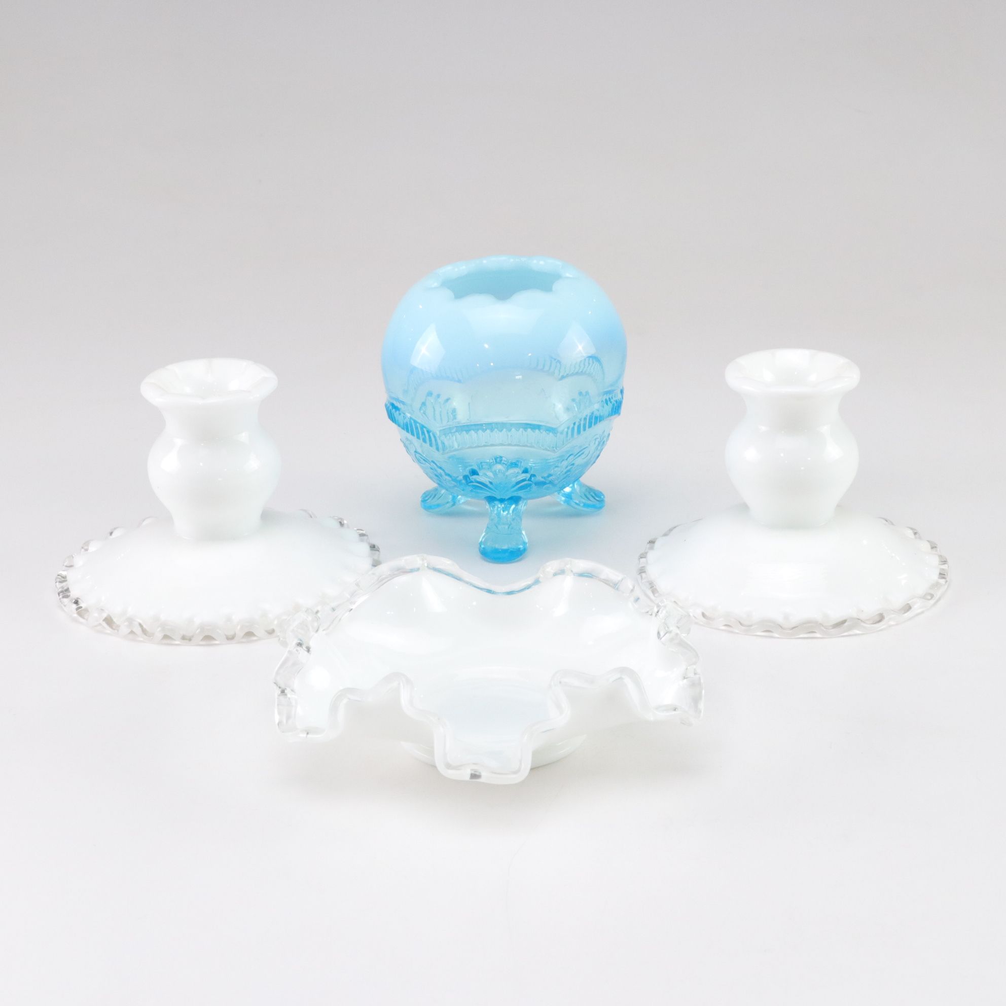 Model Flint "Wreath & Shell" Opalescent Aqua Blue Vase with Fenton Milk Glass