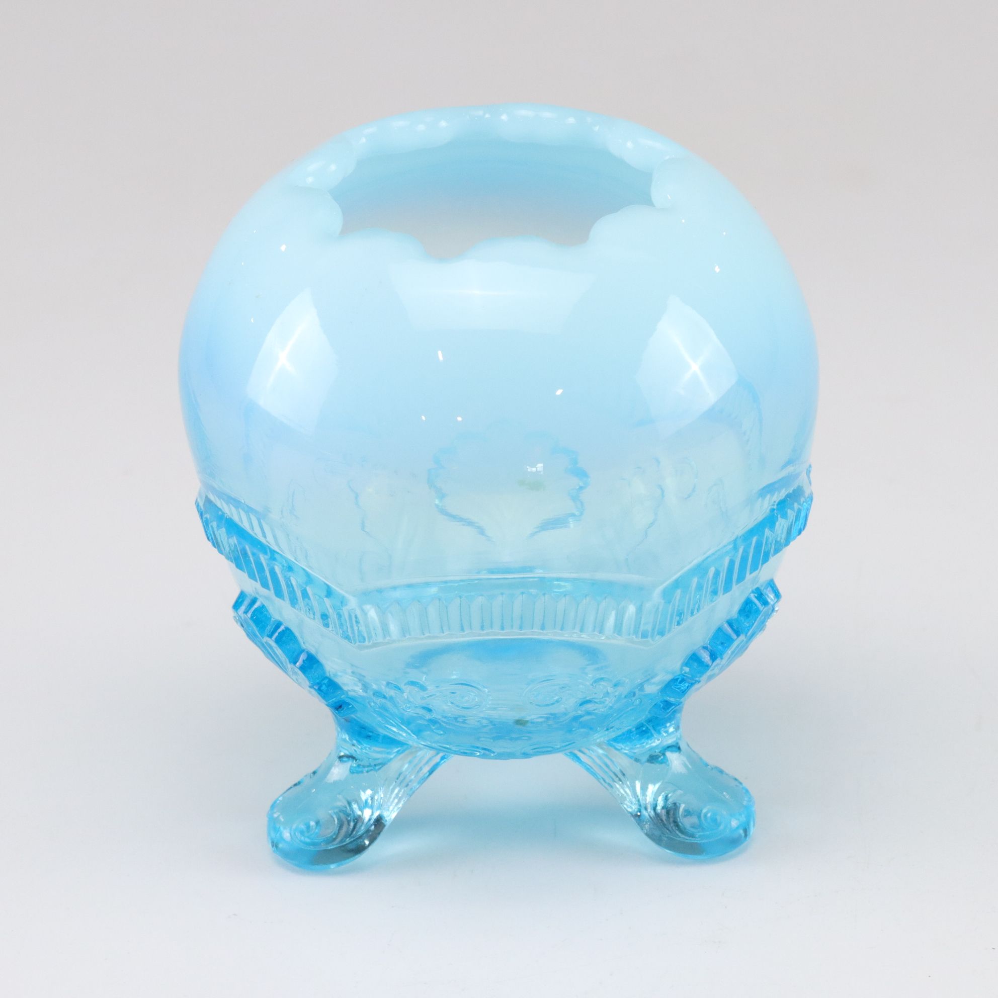 Model Flint "Wreath & Shell" Opalescent Aqua Blue Vase with Fenton Milk Glass