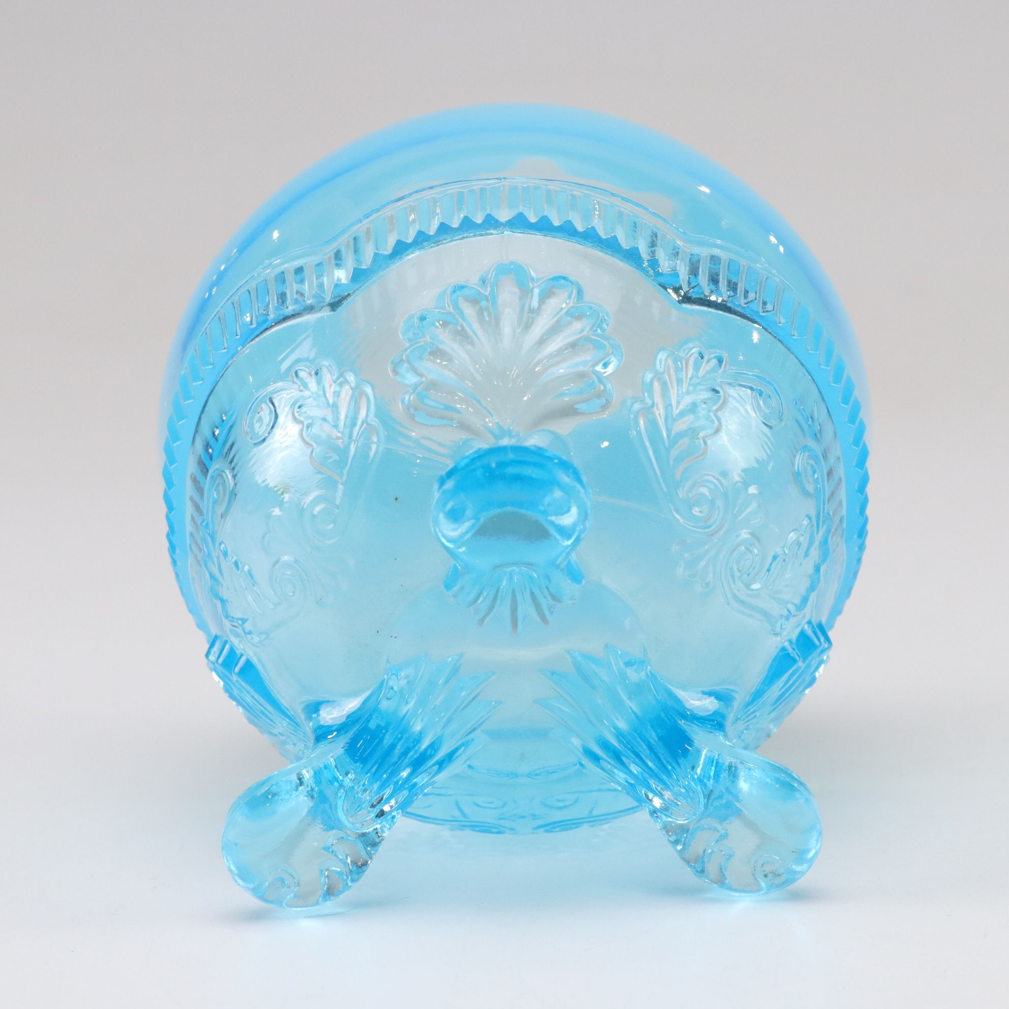 Model Flint "Wreath & Shell" Opalescent Aqua Blue Vase with Fenton Milk Glass