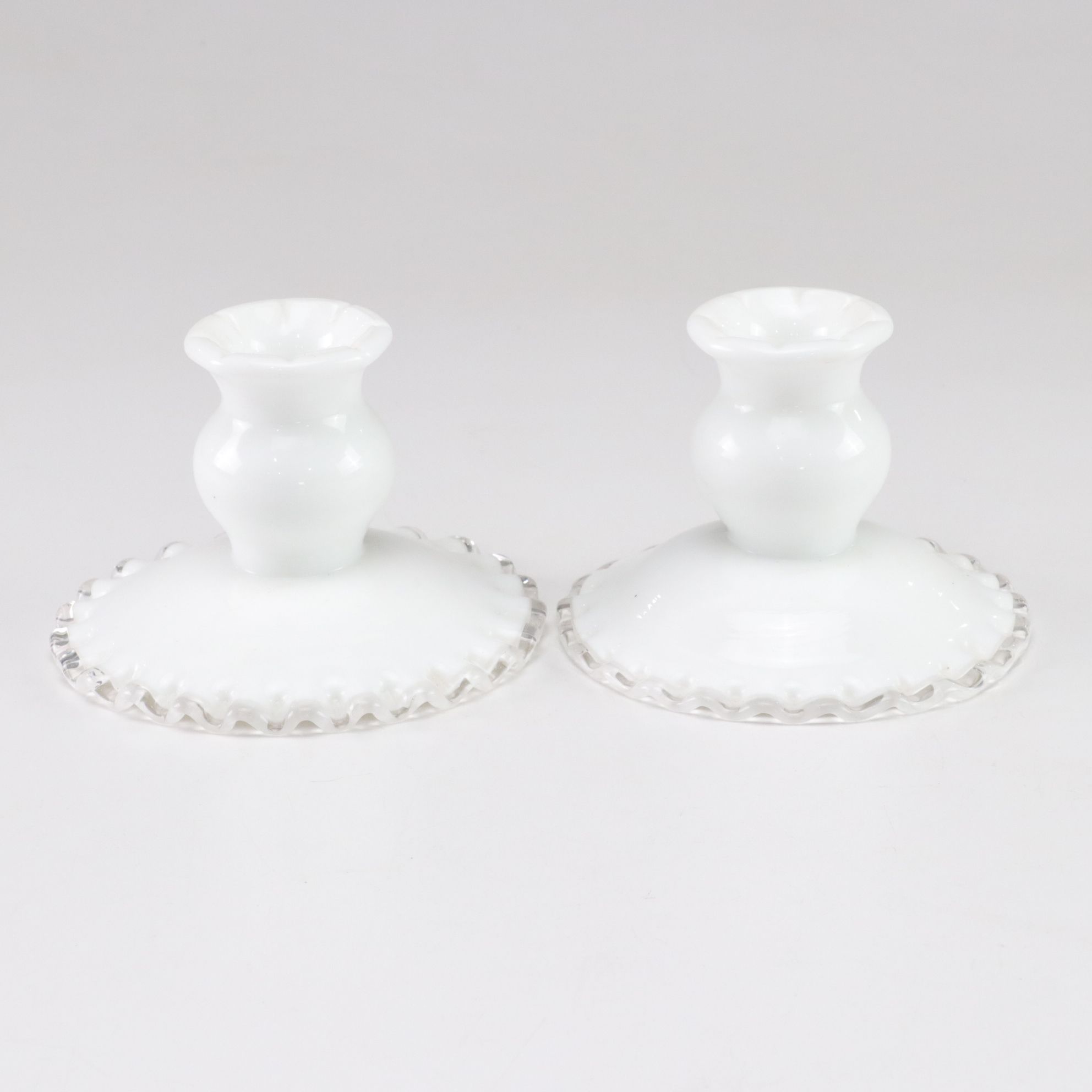 Model Flint "Wreath & Shell" Opalescent Aqua Blue Vase with Fenton Milk Glass