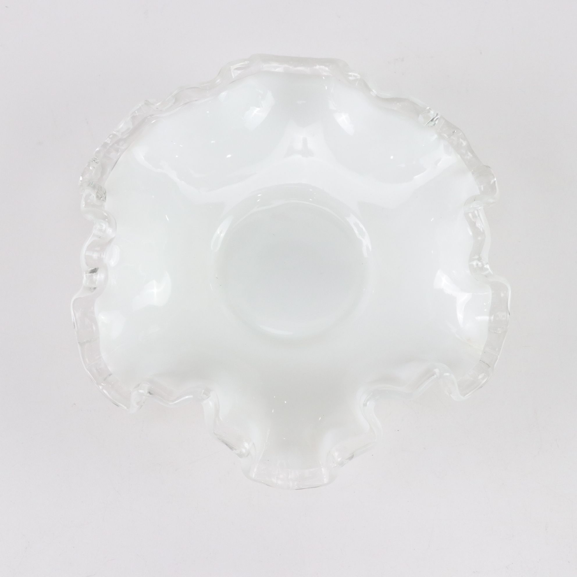 Model Flint "Wreath & Shell" Opalescent Aqua Blue Vase with Fenton Milk Glass