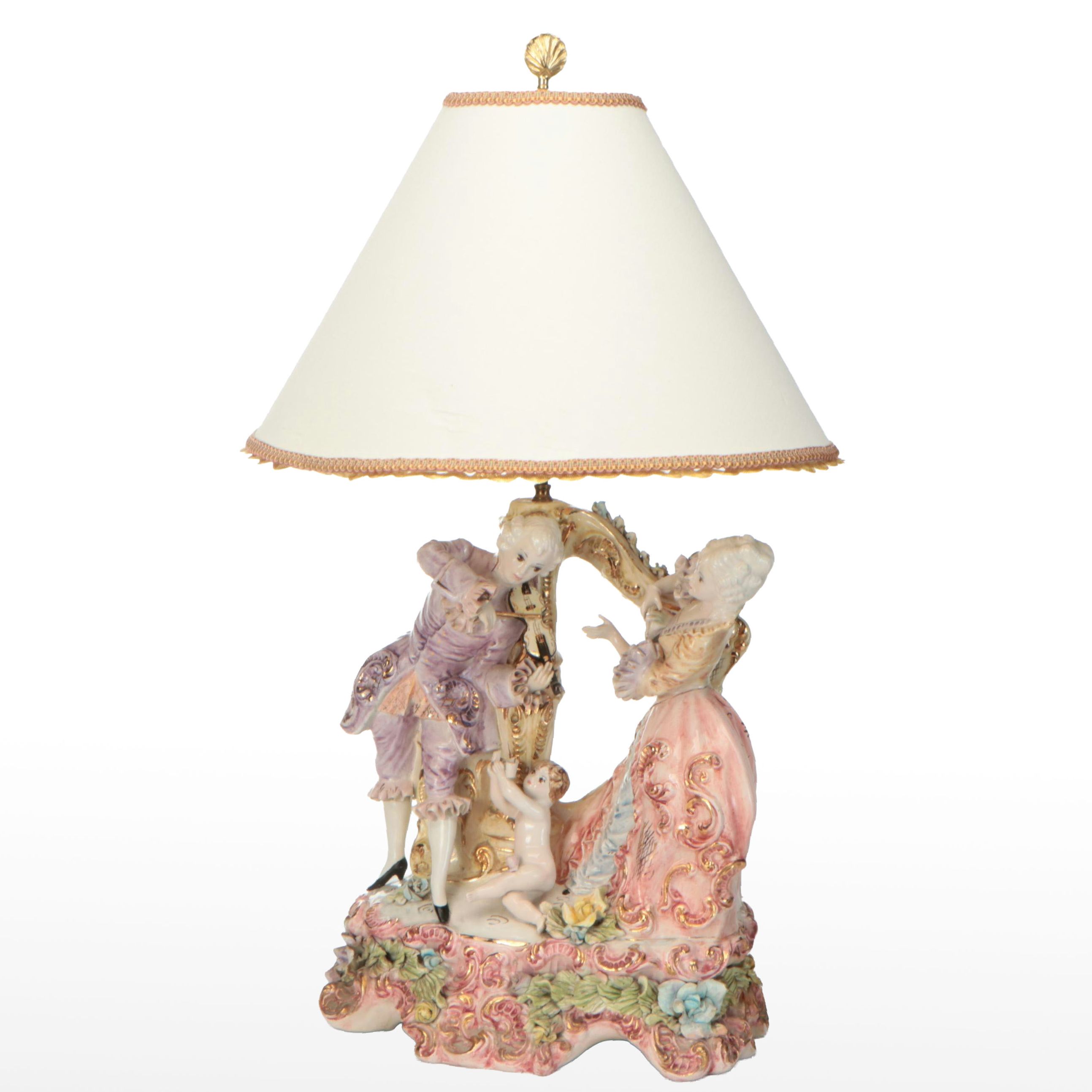 Wateau Style Luster Glaze Figural Ceramic Table Lamp, Mid/ Late 20th Century