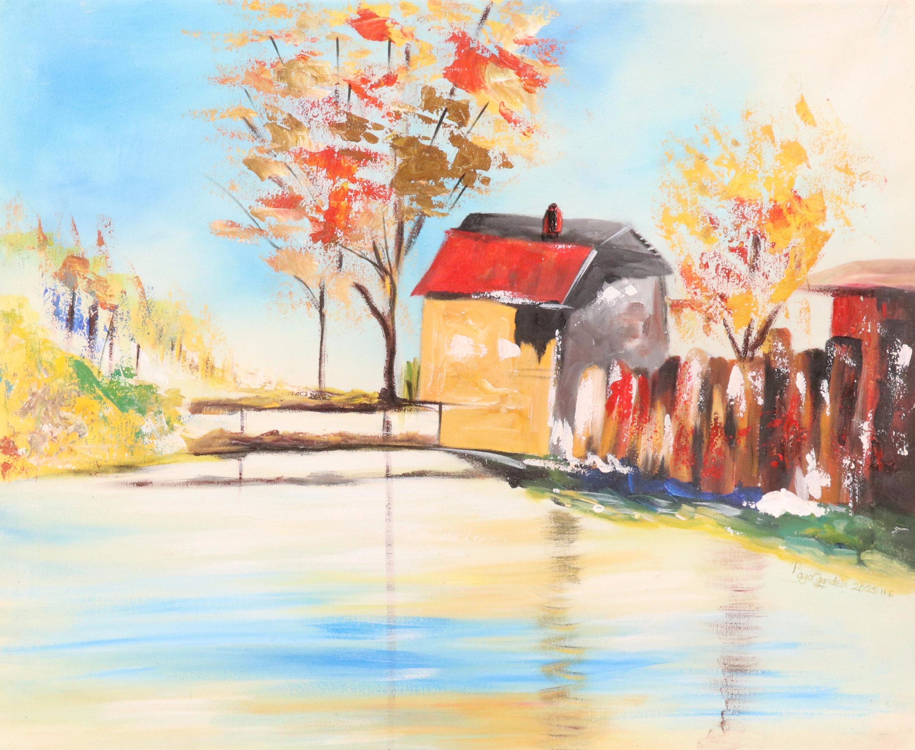 Bayo Ogundele Stylized Rural Landscape Oil Painting "Village," 2025