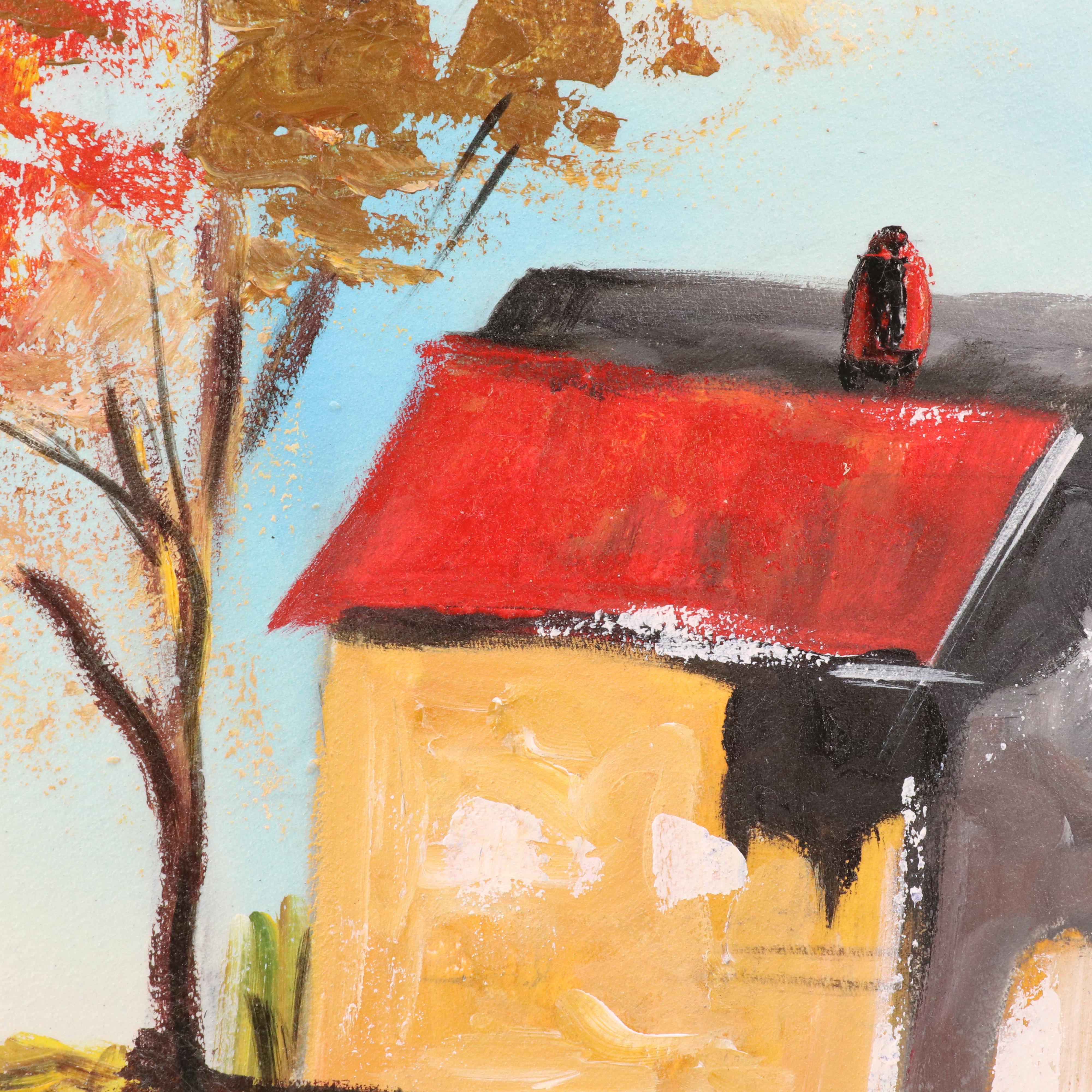 Bayo Ogundele Stylized Rural Landscape Oil Painting "Village," 2025