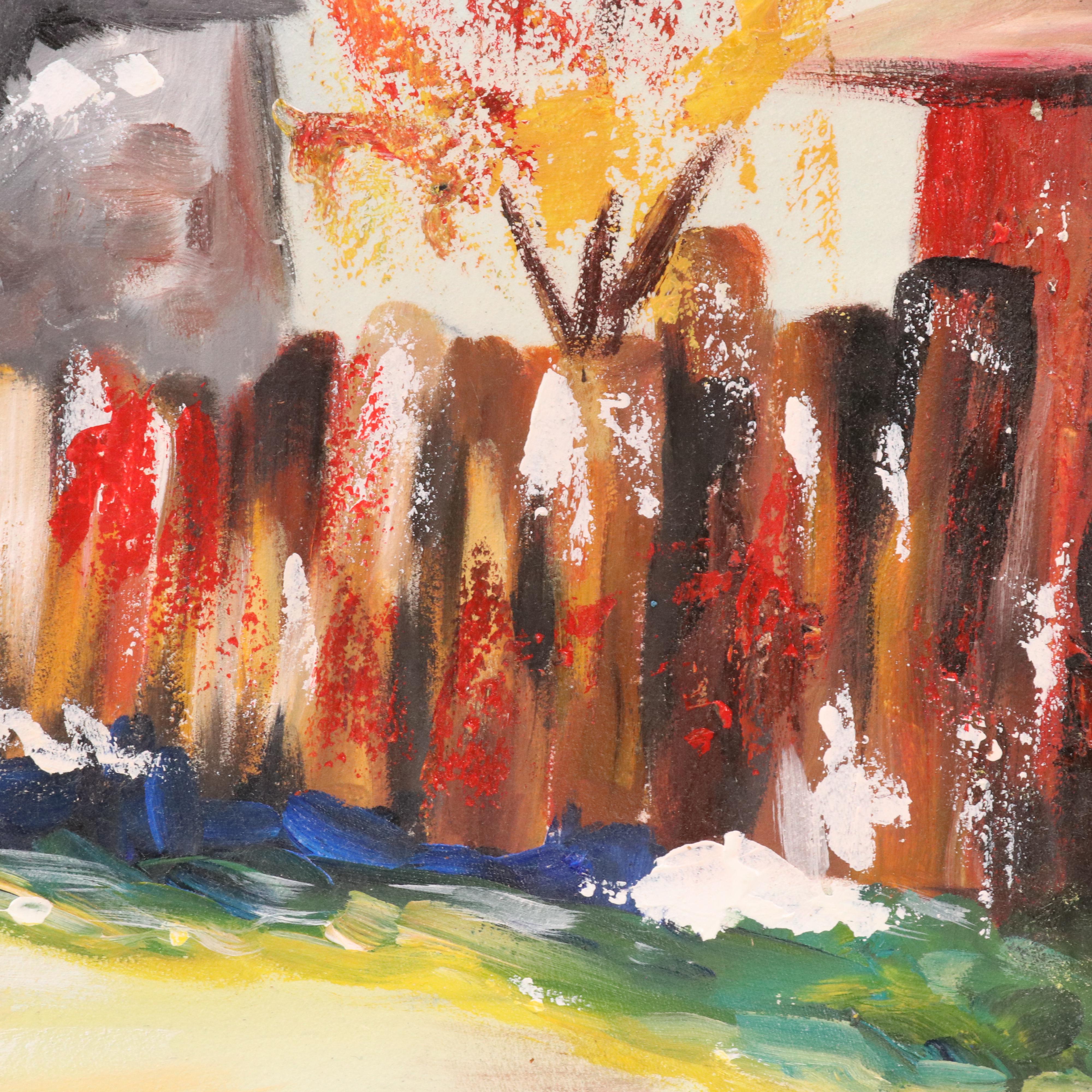 Bayo Ogundele Stylized Rural Landscape Oil Painting "Village," 2025