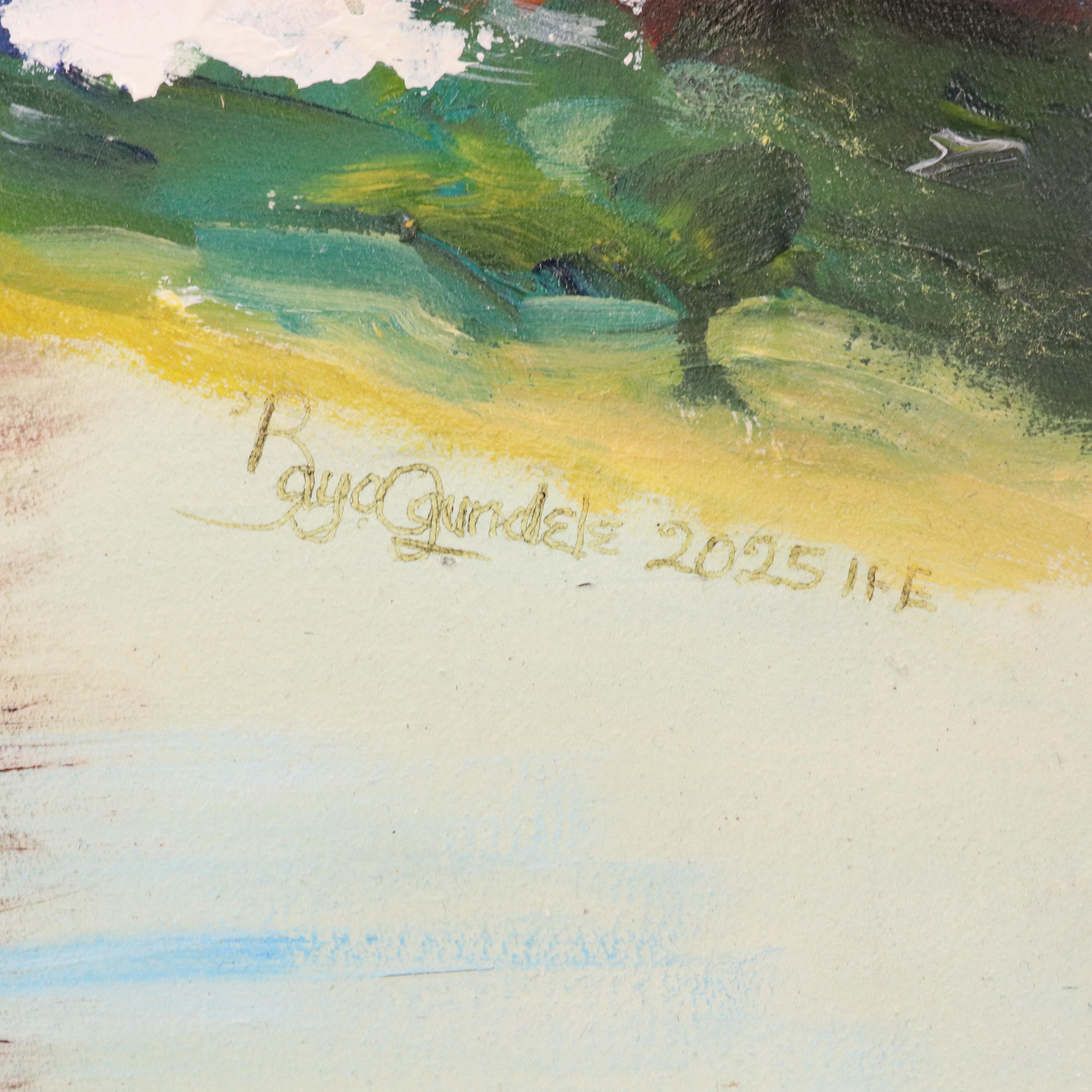 Bayo Ogundele Stylized Rural Landscape Oil Painting "Village," 2025