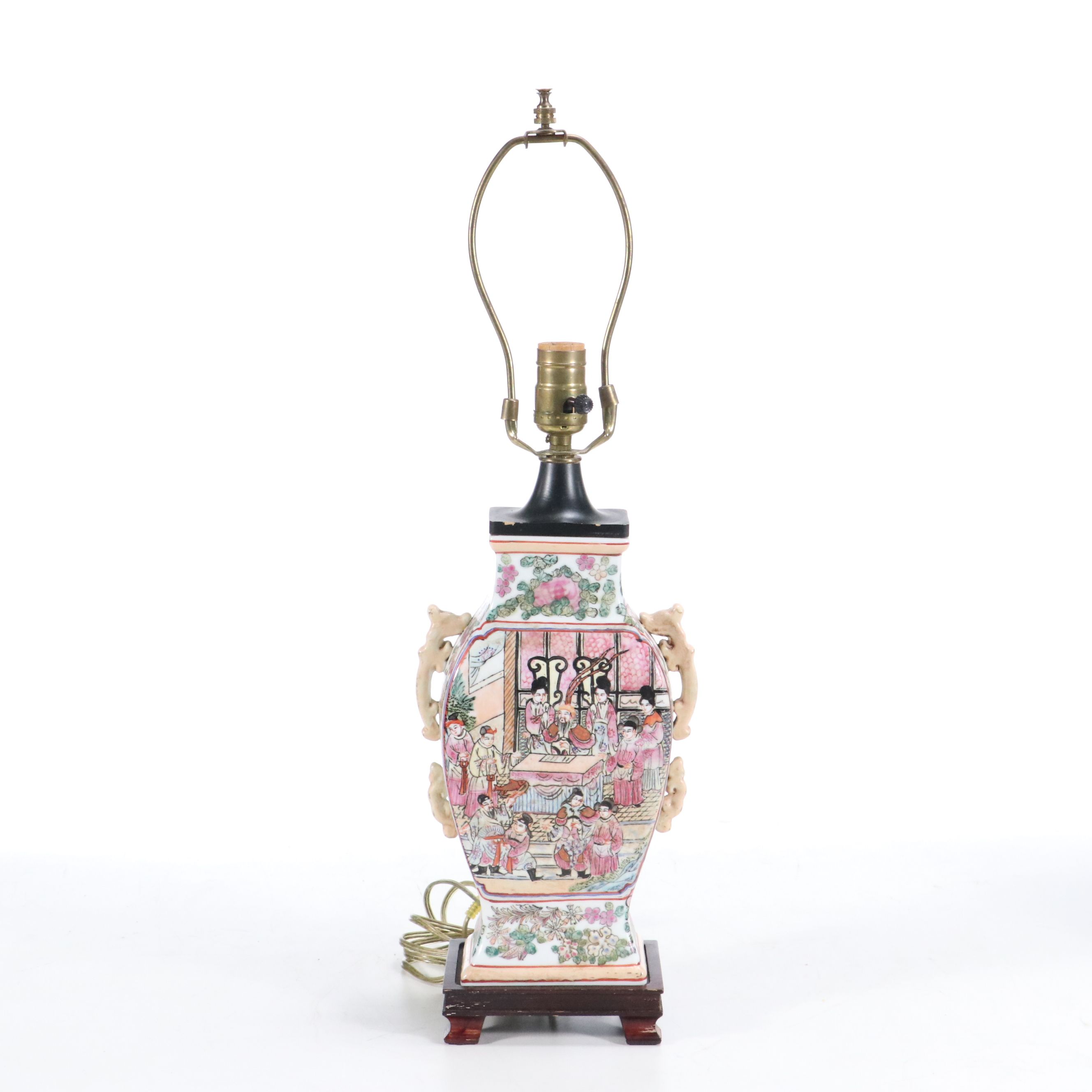 Chinese Porcelain Hu Vase Table Lamp & Dragon Handles, Silk Shade, Late 20th C