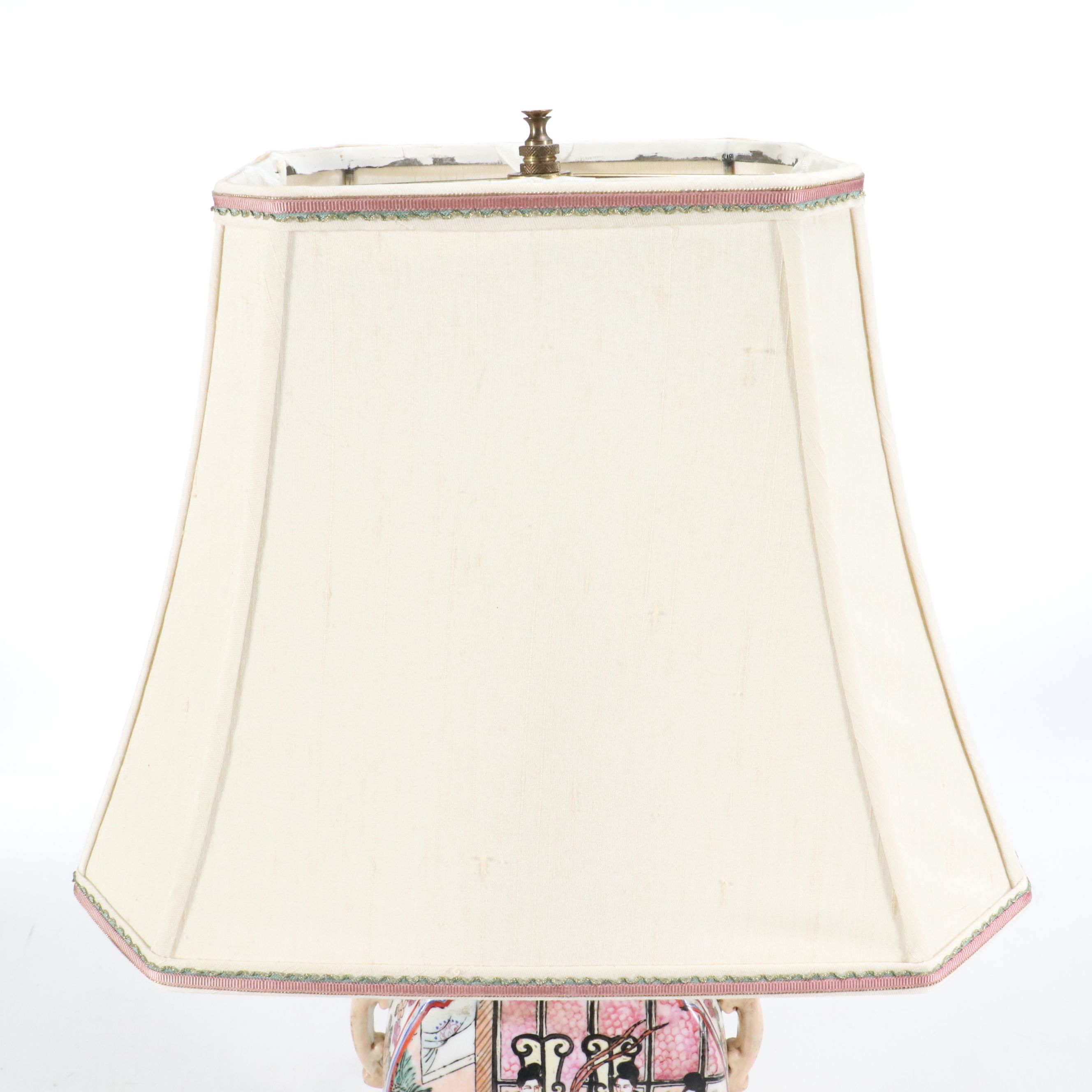 Chinese Porcelain Hu Vase Table Lamp & Dragon Handles, Silk Shade, Late 20th C