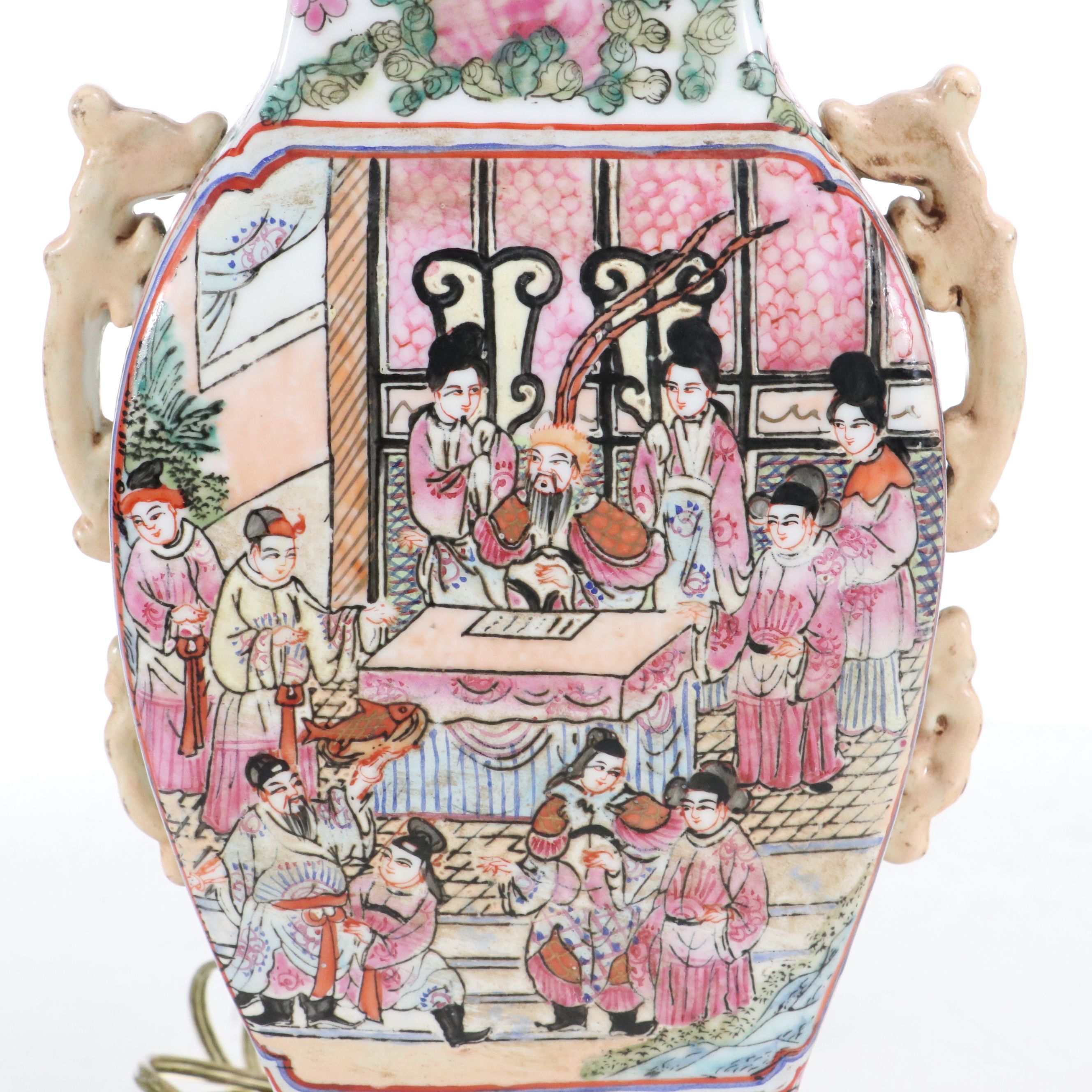 Chinese Porcelain Hu Vase Table Lamp & Dragon Handles, Silk Shade, Late 20th C