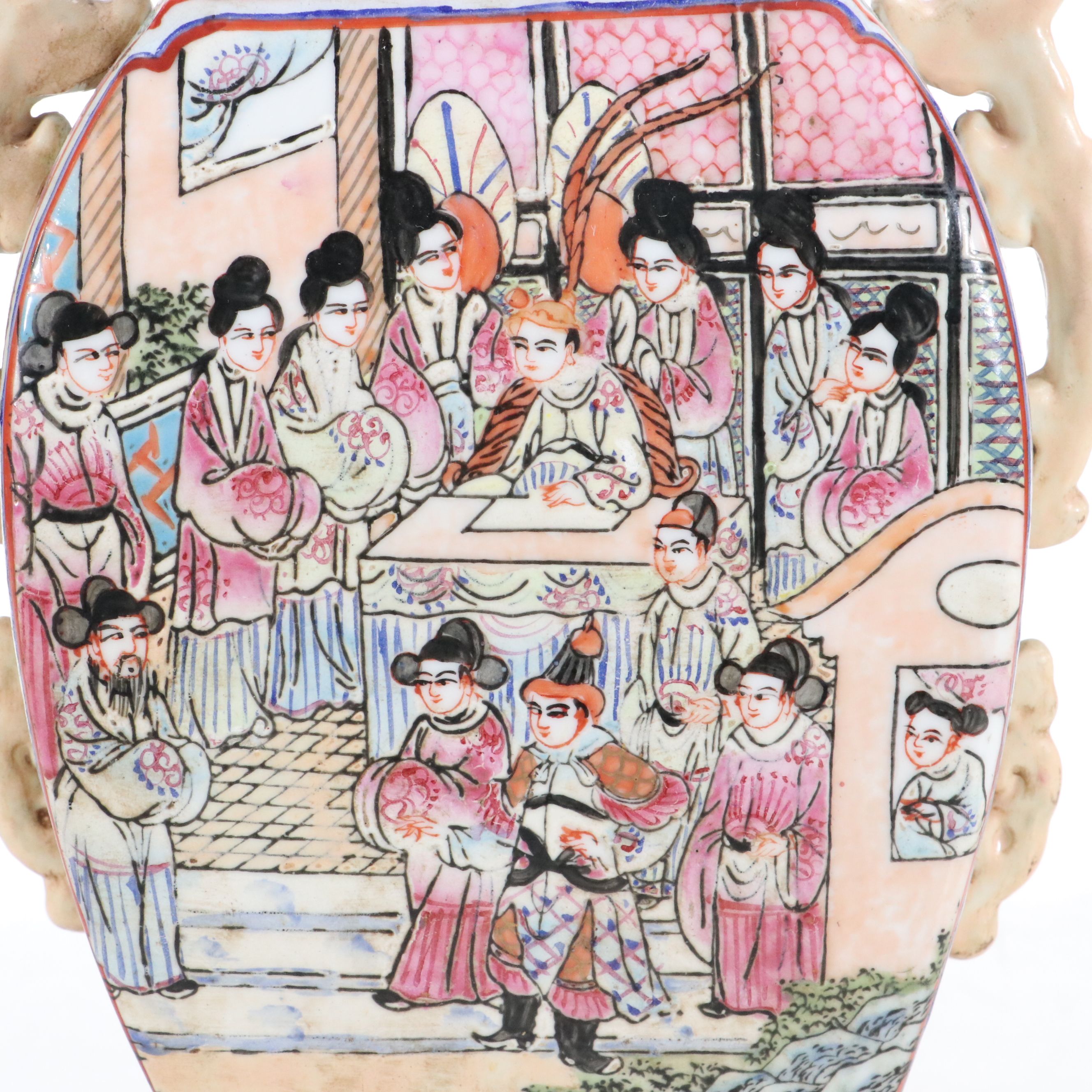 Chinese Porcelain Hu Vase Table Lamp & Dragon Handles, Silk Shade, Late 20th C