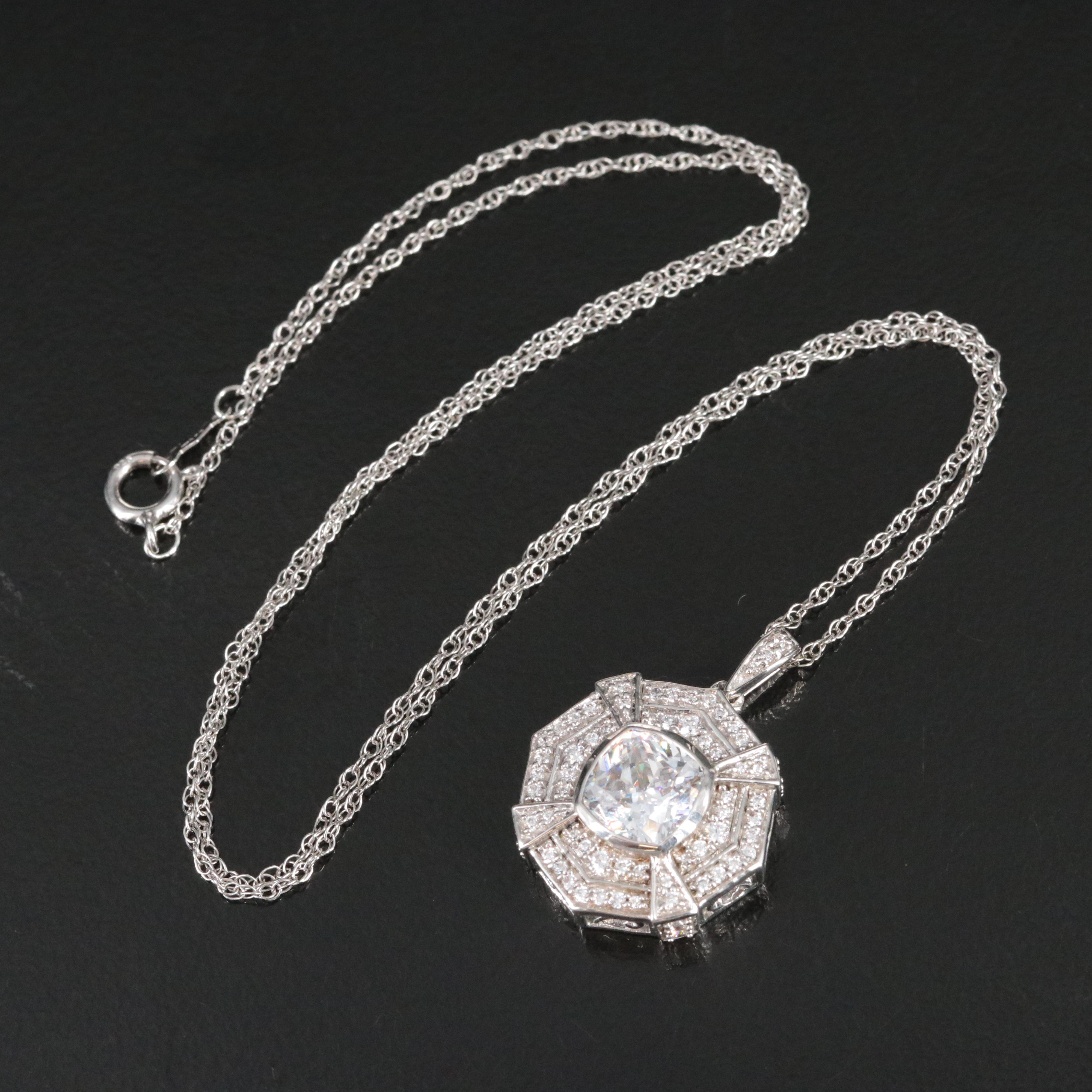 Sterling Cubic Zirconia Octagonal Pendant Necklace