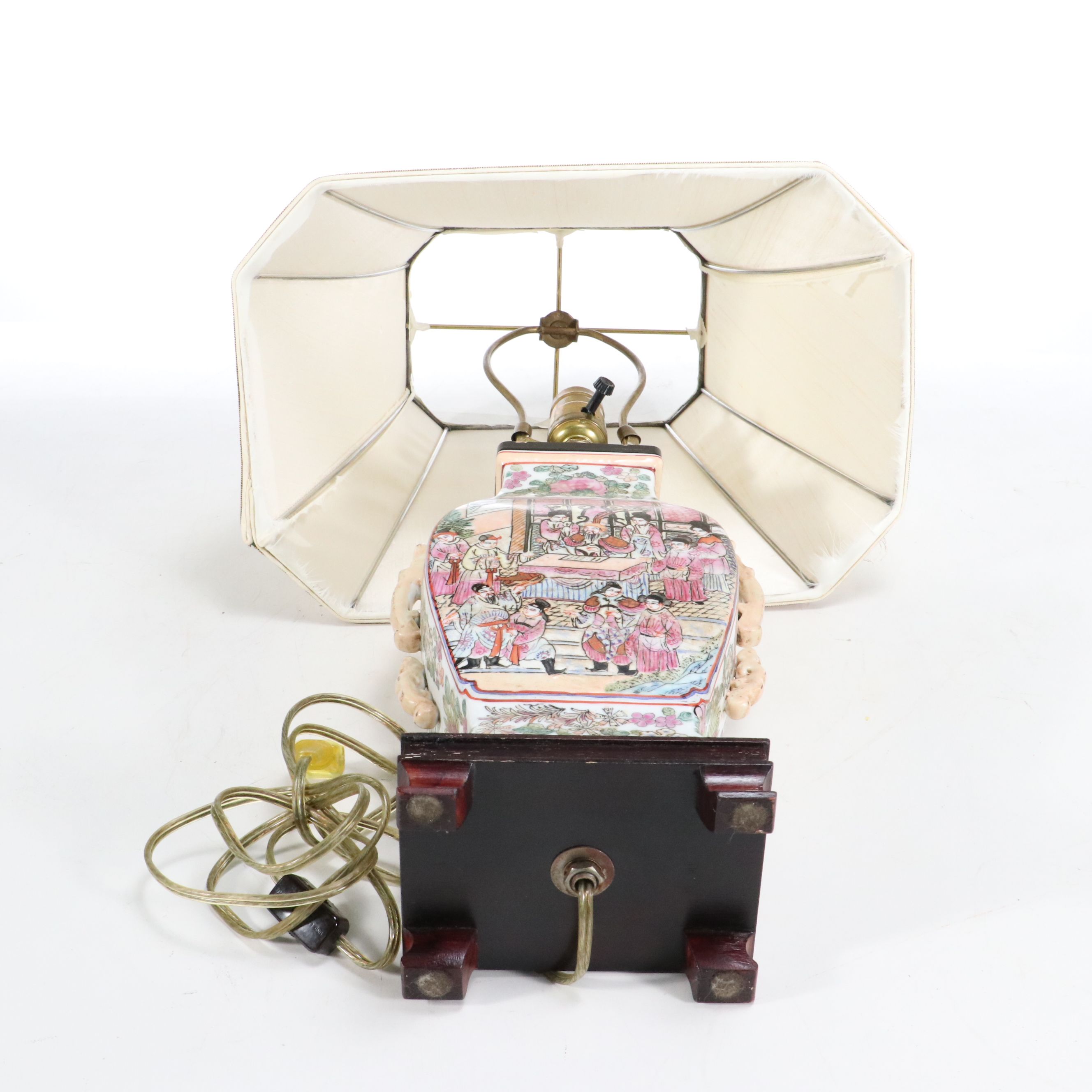 Chinese Porcelain Hu Vase Table Lamp & Dragon Handles, Silk Shade, Late 20th C