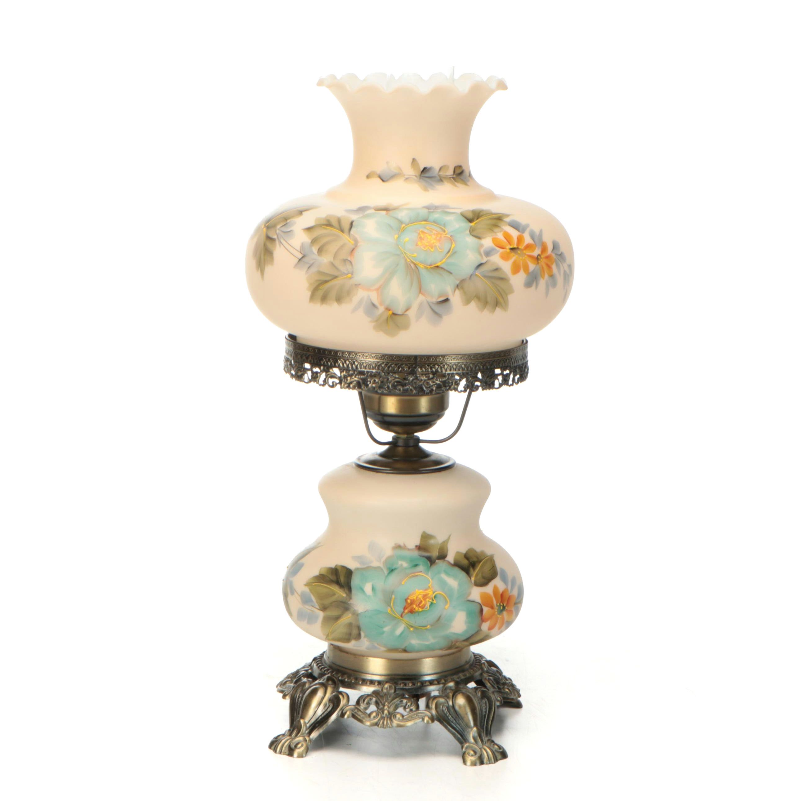Victorian Style Parlor Lamp with Hand-Painted Satin Glass Shade, Mid-20th C.