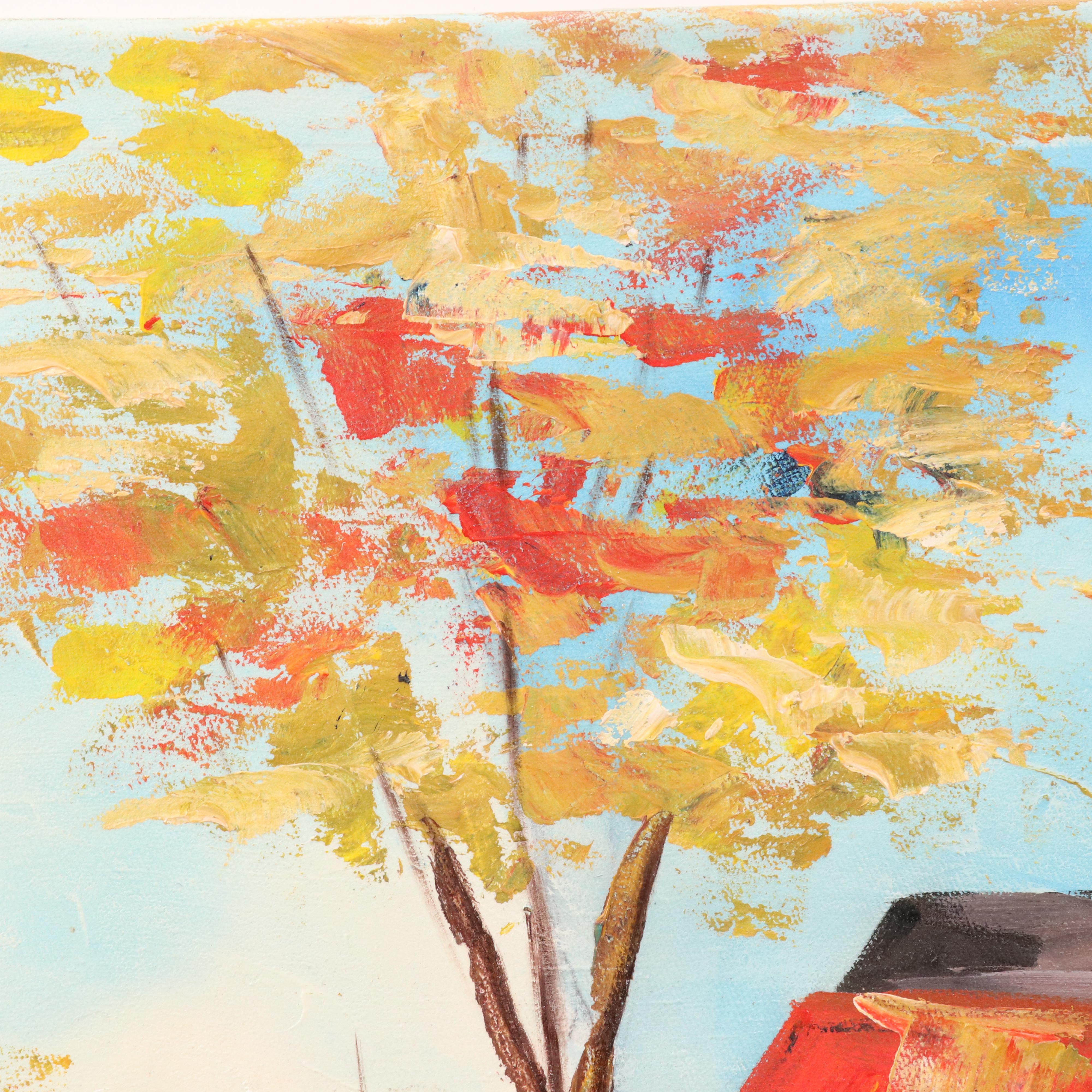 Bayo Ogundele Stylized Rural Landscape Oil Painting "A Village," 2025