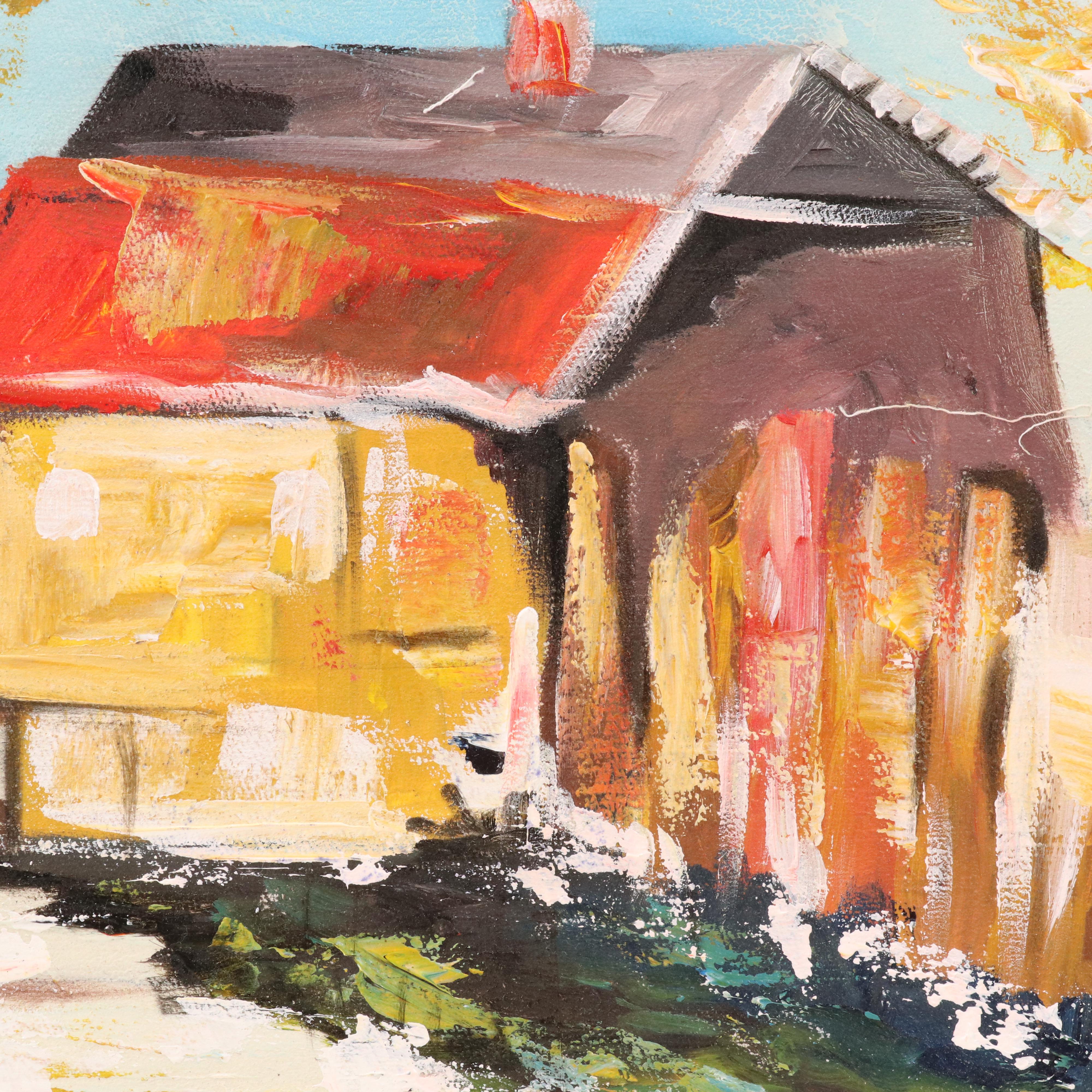 Bayo Ogundele Stylized Rural Landscape Oil Painting "A Village," 2025