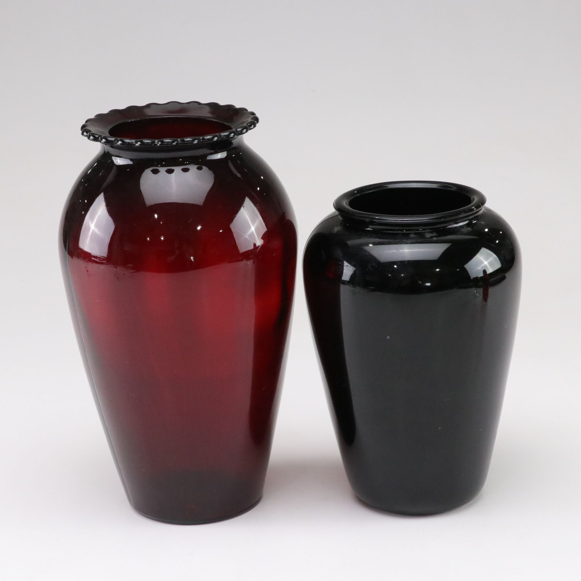Ruby Glass Lidded Dish, Vases & Bottle