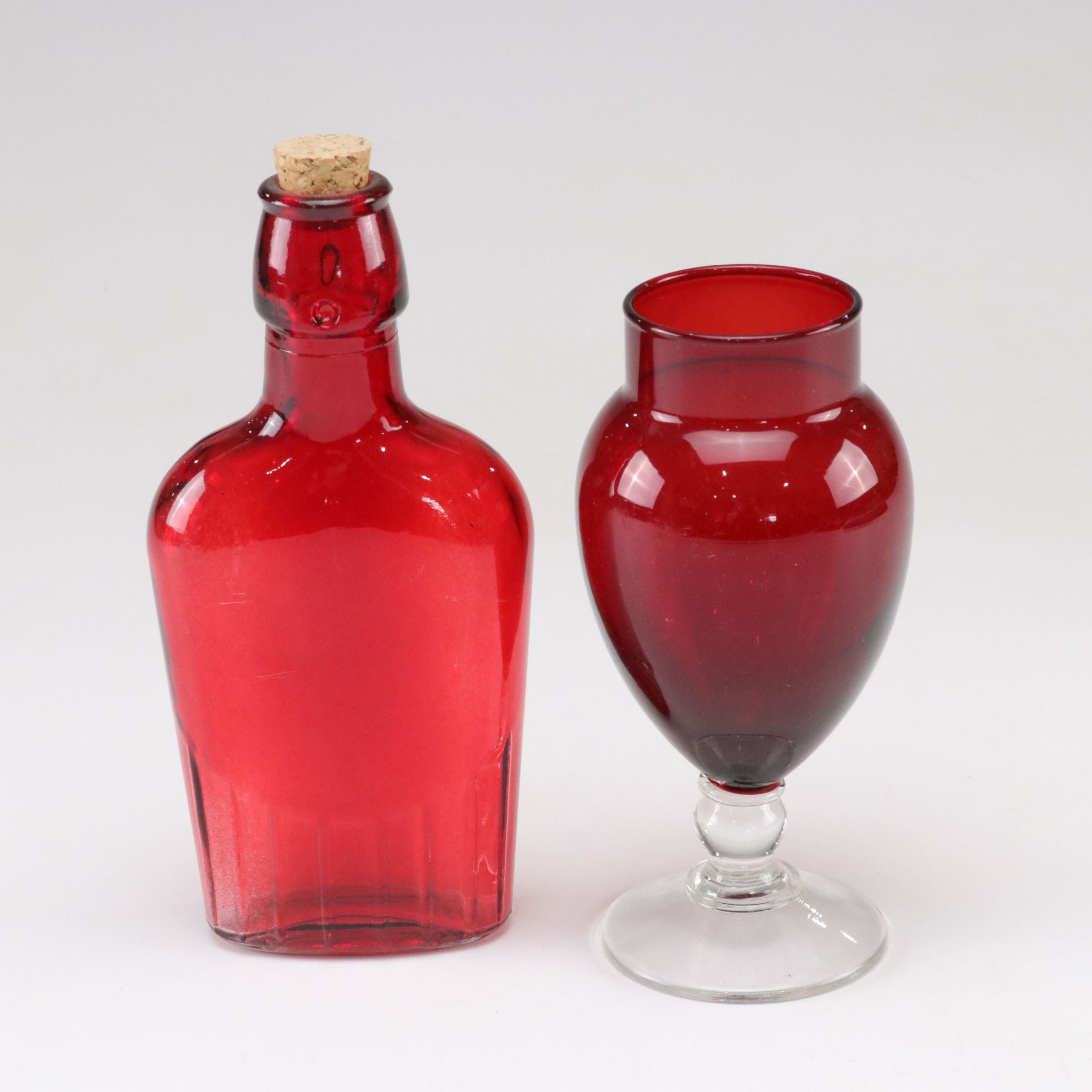 Ruby Glass Lidded Dish, Vases & Bottle