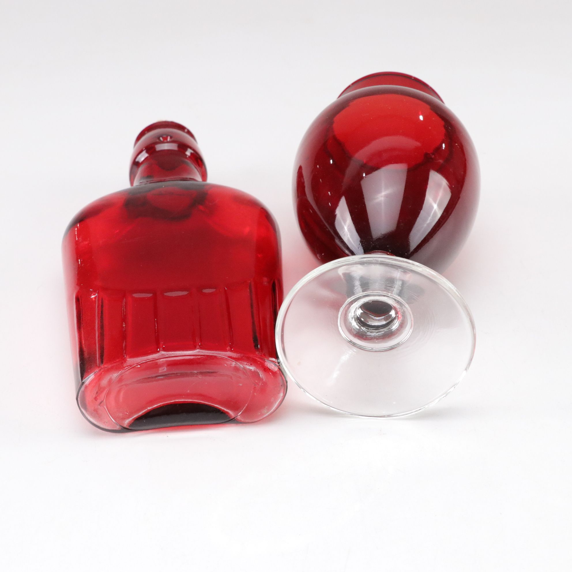 Ruby Glass Lidded Dish, Vases & Bottle