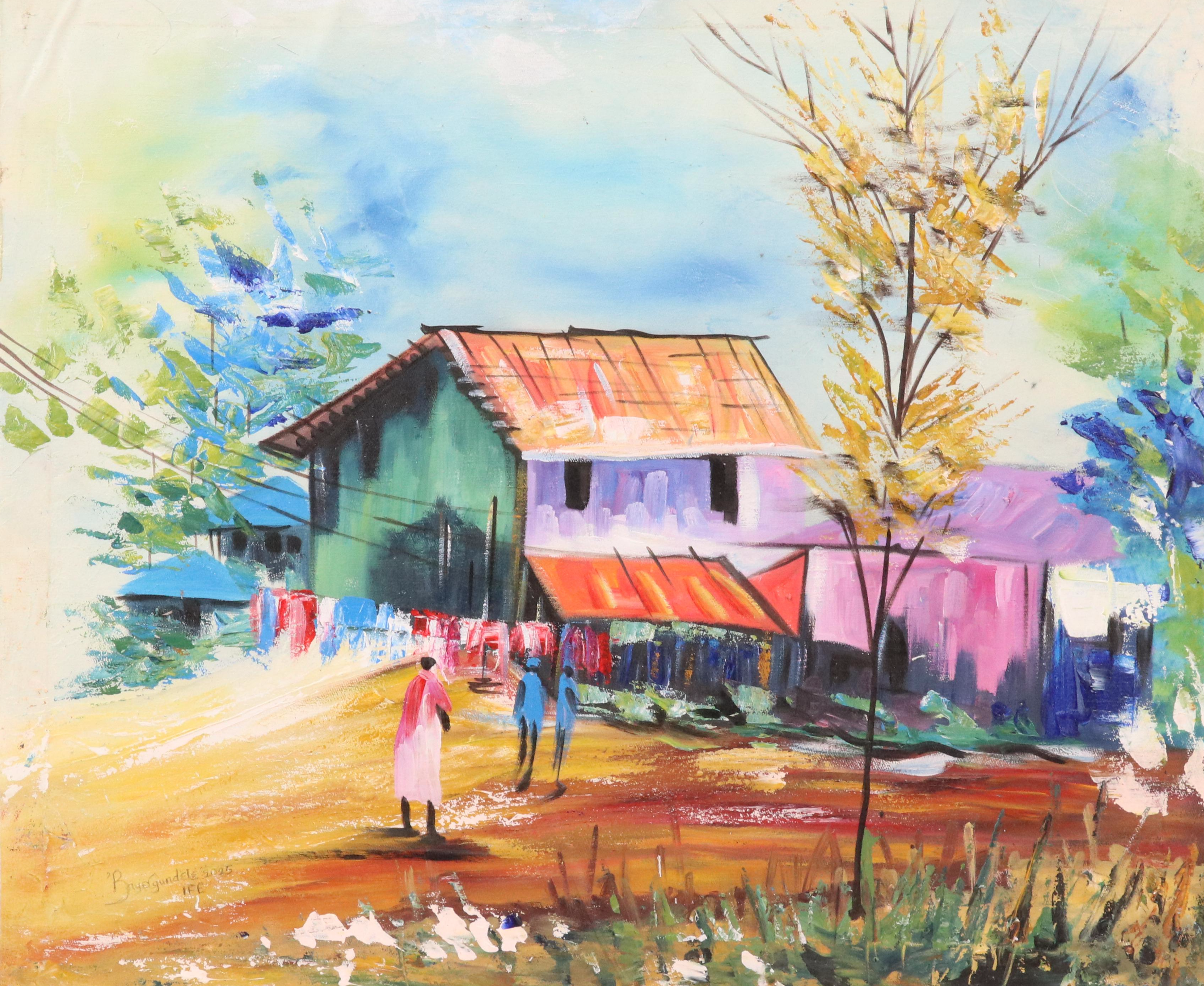 Bayo Ogundele Stylized Landscape Oil Painting "In The City," 2025