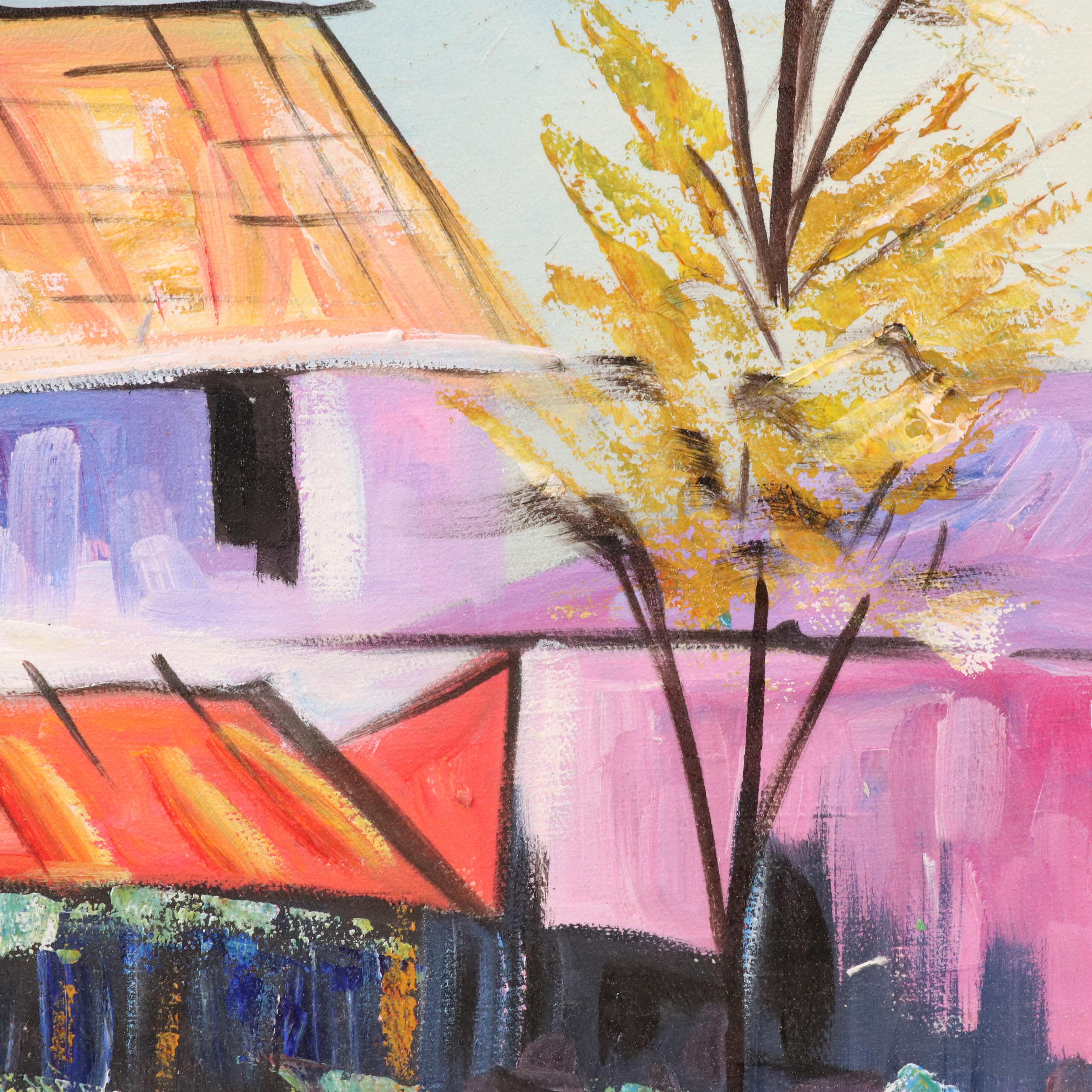 Bayo Ogundele Stylized Landscape Oil Painting "In The City," 2025