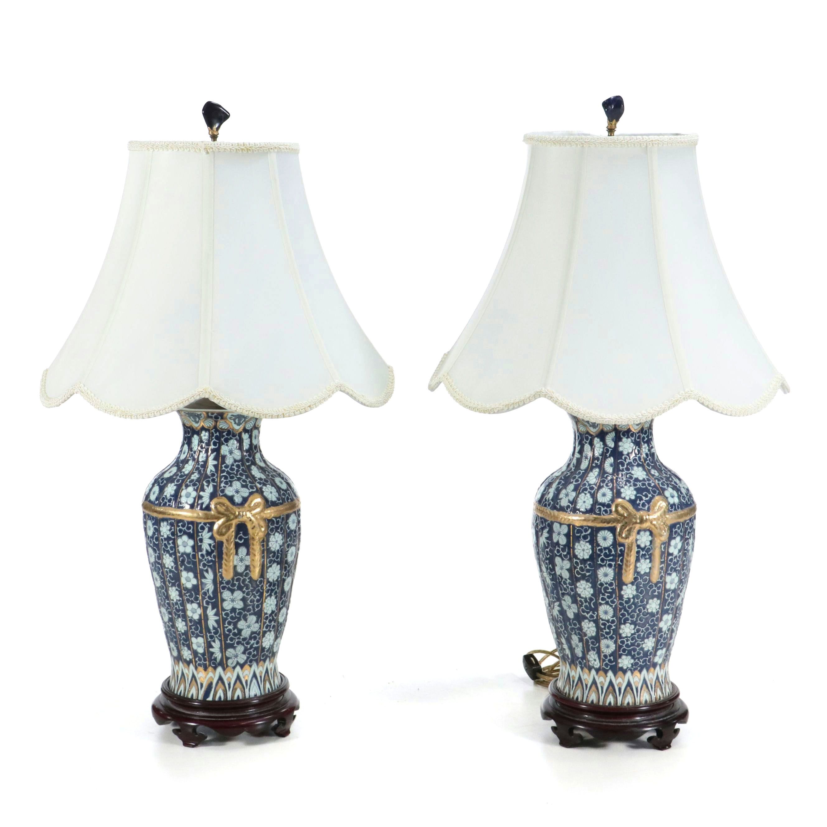 Pair of Chinese Gilt and Hand-Painted Porcelain Table Lamps & Silk Bell Shades