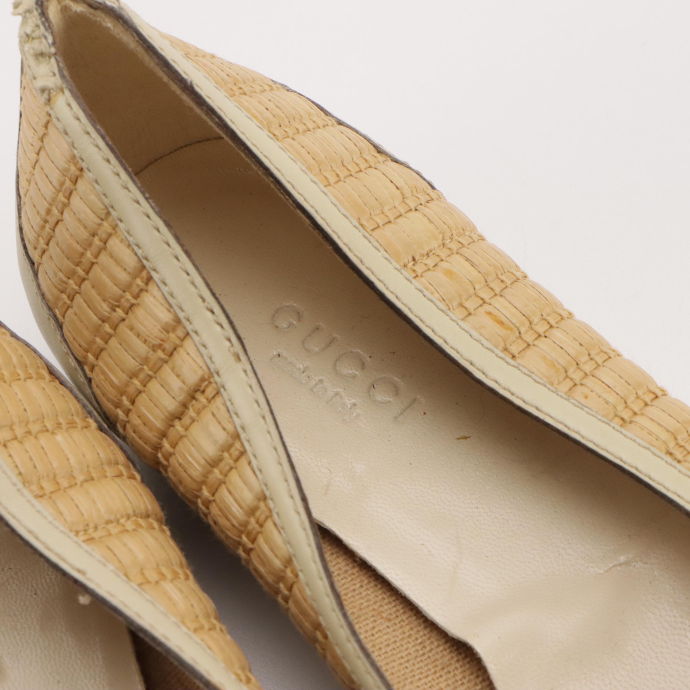 Gucci Bamboo Horsebit Ballet Flats in Woven Straw with Leather Trim