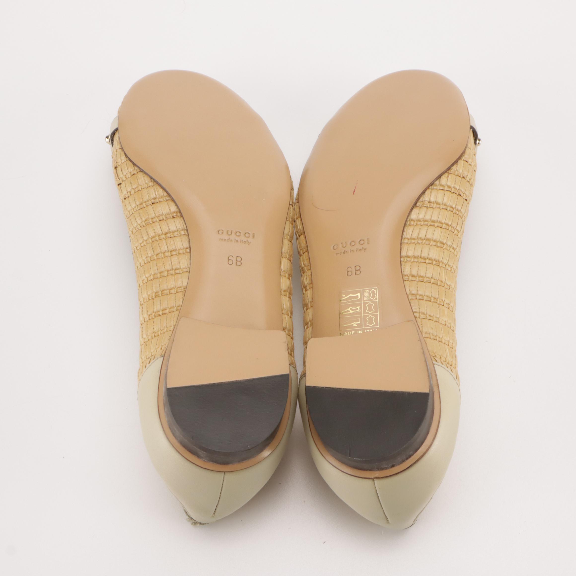 Gucci Bamboo Horsebit Ballet Flats in Woven Straw with Leather Trim