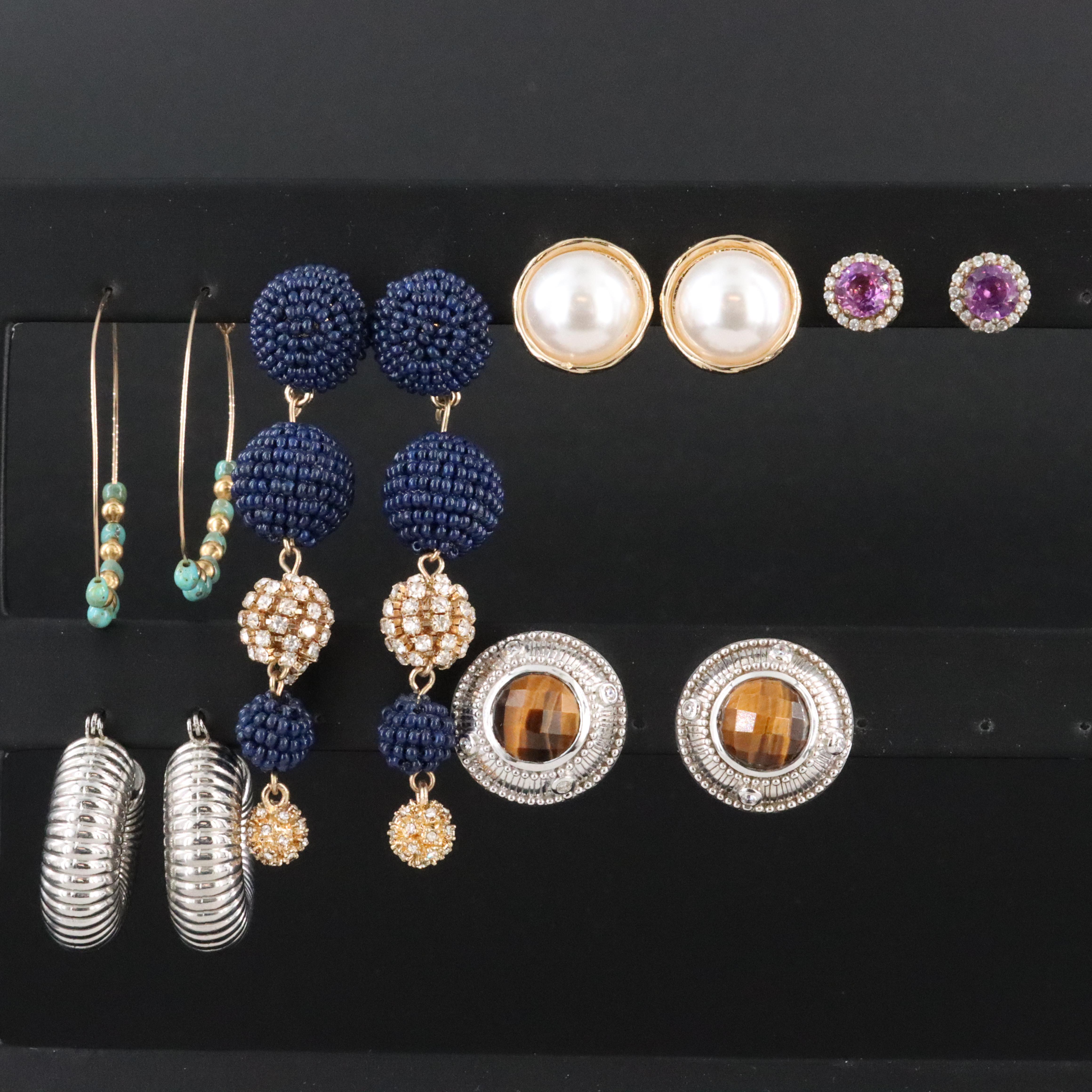 Earring Collection Featuring Sterling, Tiger's Eye, CZ and Rhinestones