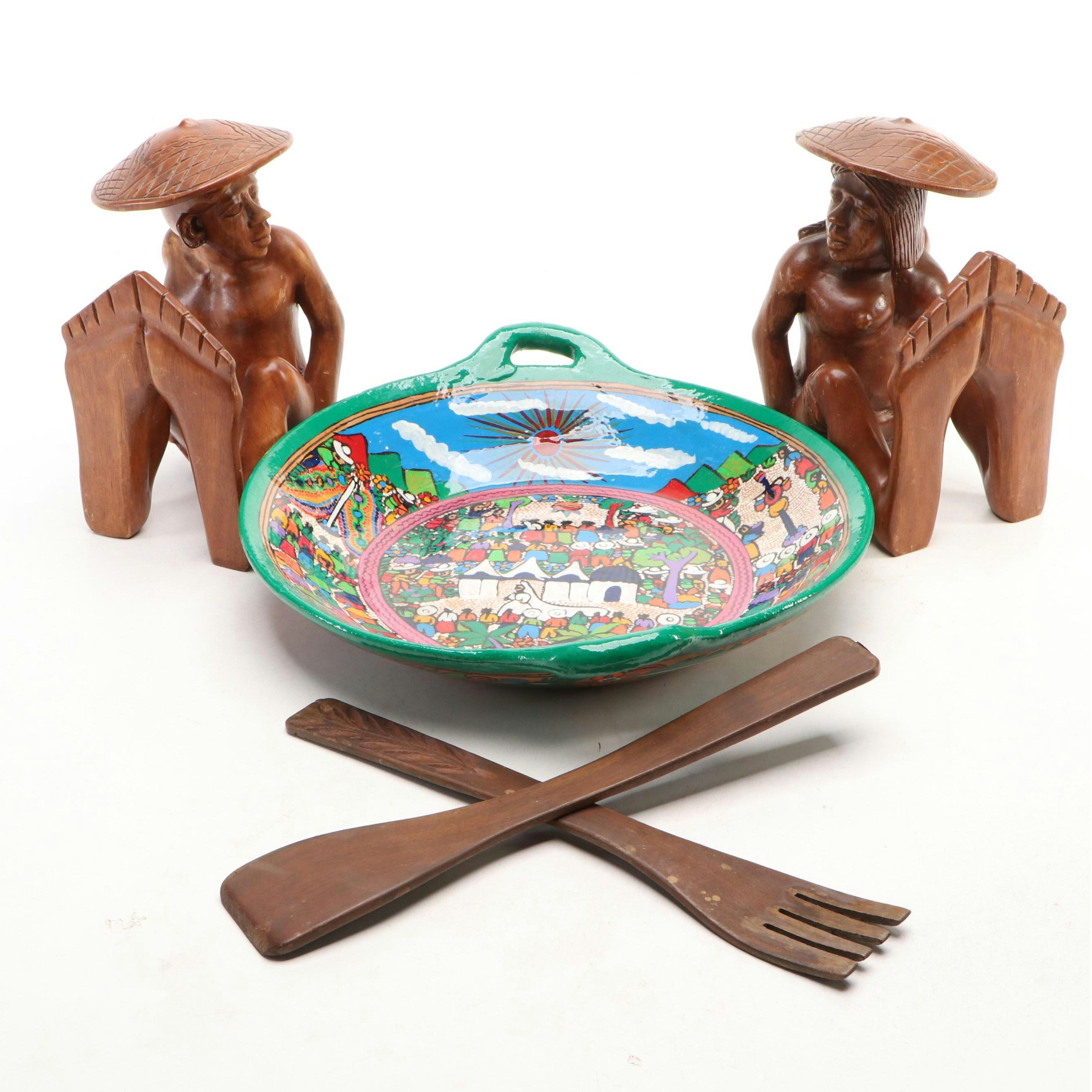 Polynesian Style Hand-Carved Wooden Bookends with Mexican Folk Art Bowl