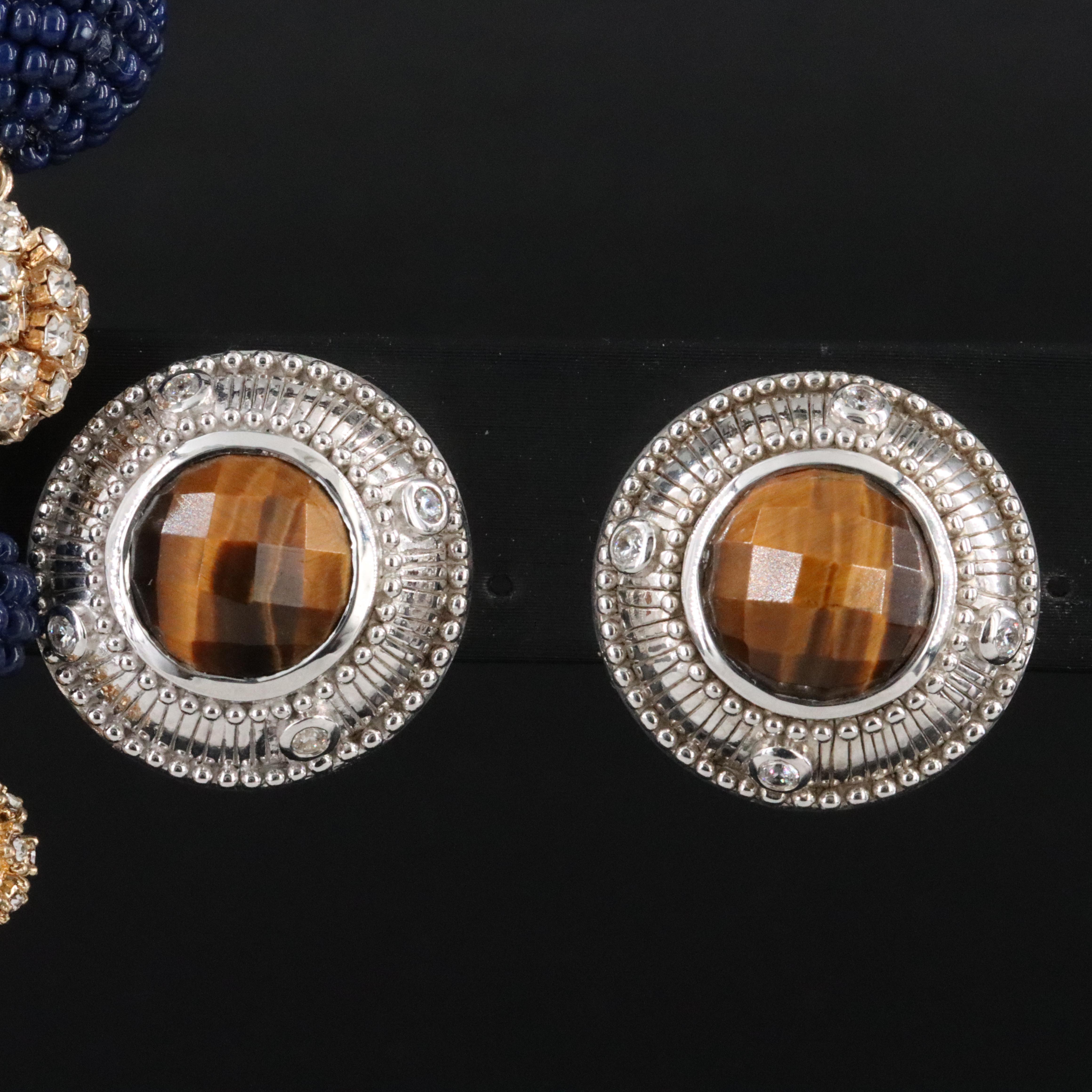 Earring Collection Featuring Sterling, Tiger's Eye, CZ and Rhinestones