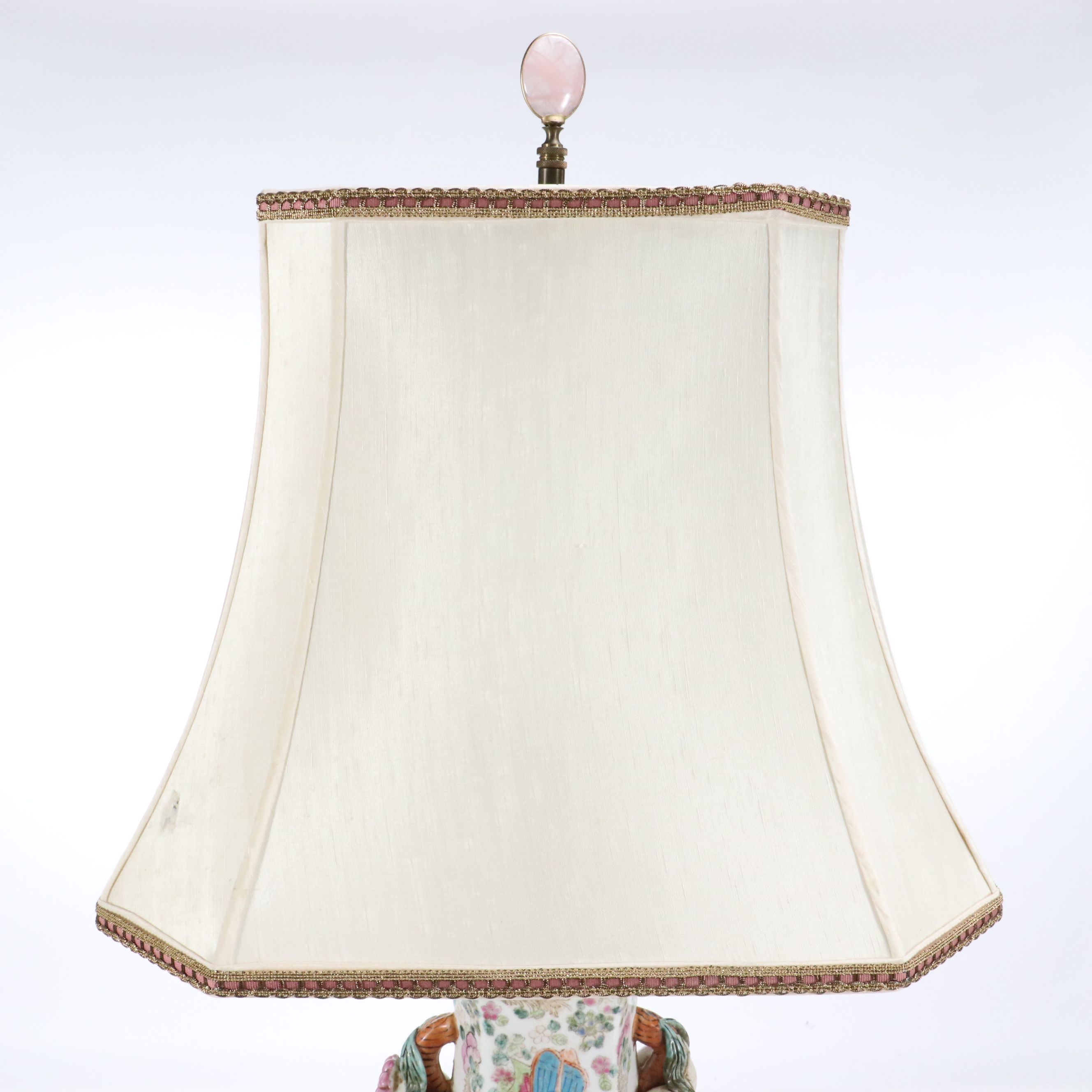 Chinese Porcelain Hu Vase Lamp with Pomegranate Handles & Silk Shade