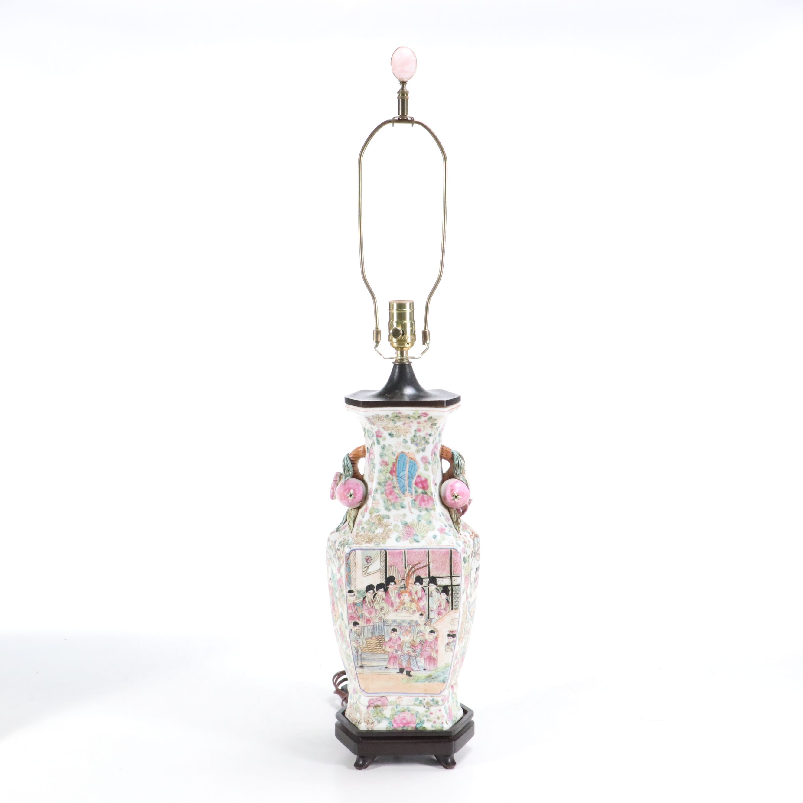 Chinese Porcelain Hu Vase Lamp with Pomegranate Handles & Silk Shade