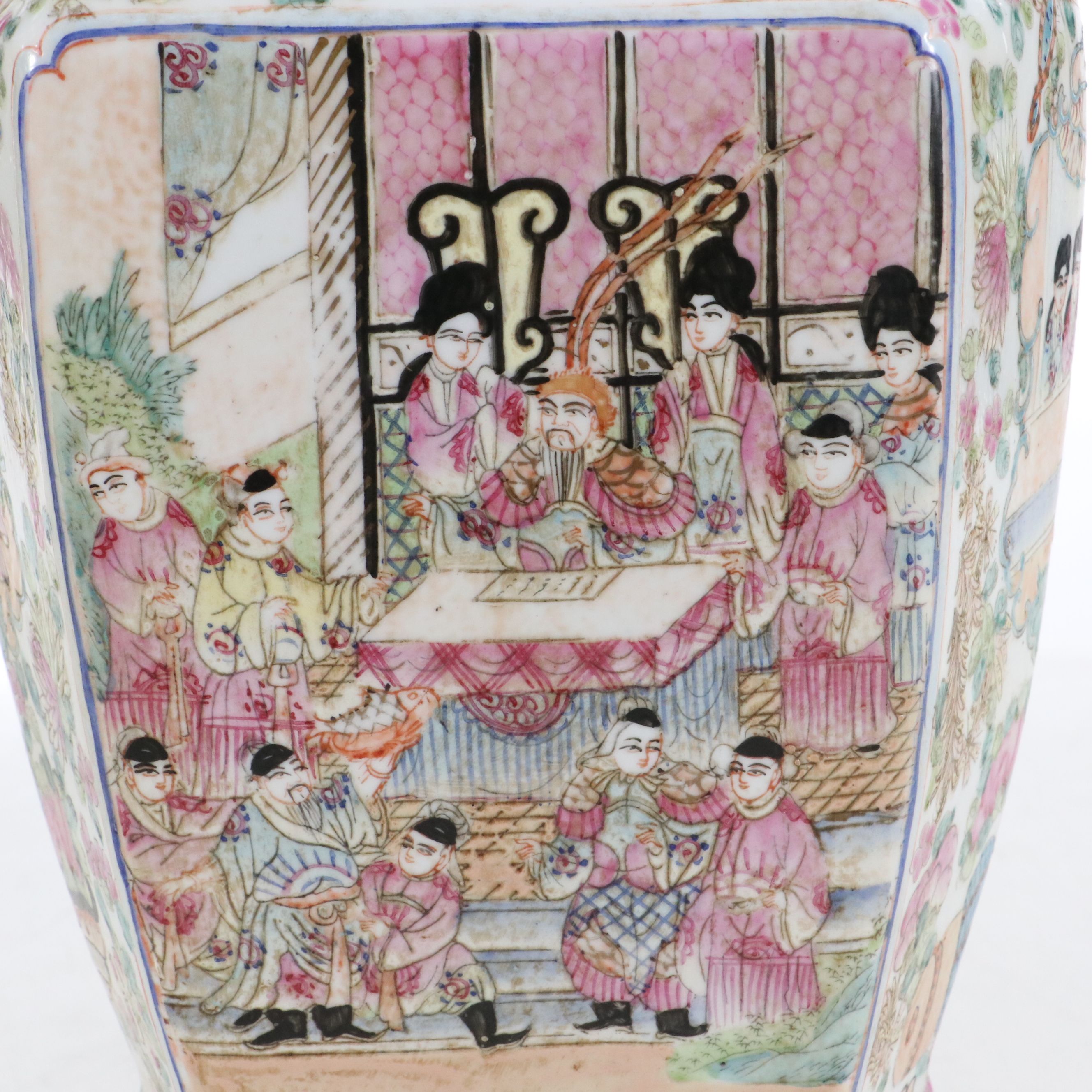 Chinese Porcelain Hu Vase Lamp with Pomegranate Handles & Silk Shade